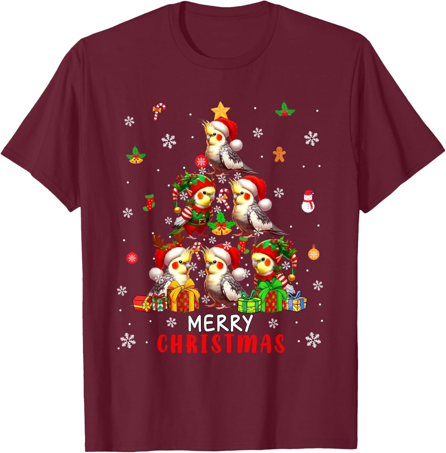 Merry Christmas Group Santa Elf Cockatiels As Xmas Tree Bird T-Shirt - T-Shirt | Maroon