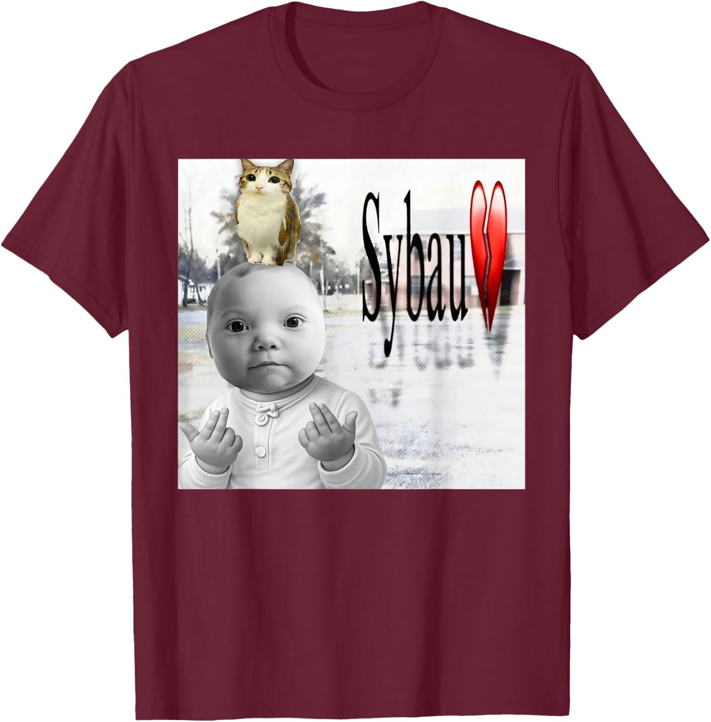 Funny Niche Ai Baby and Meowl SYBAU Tuff Brainrot Meme T-Shirt - T-Shirt | Maroon