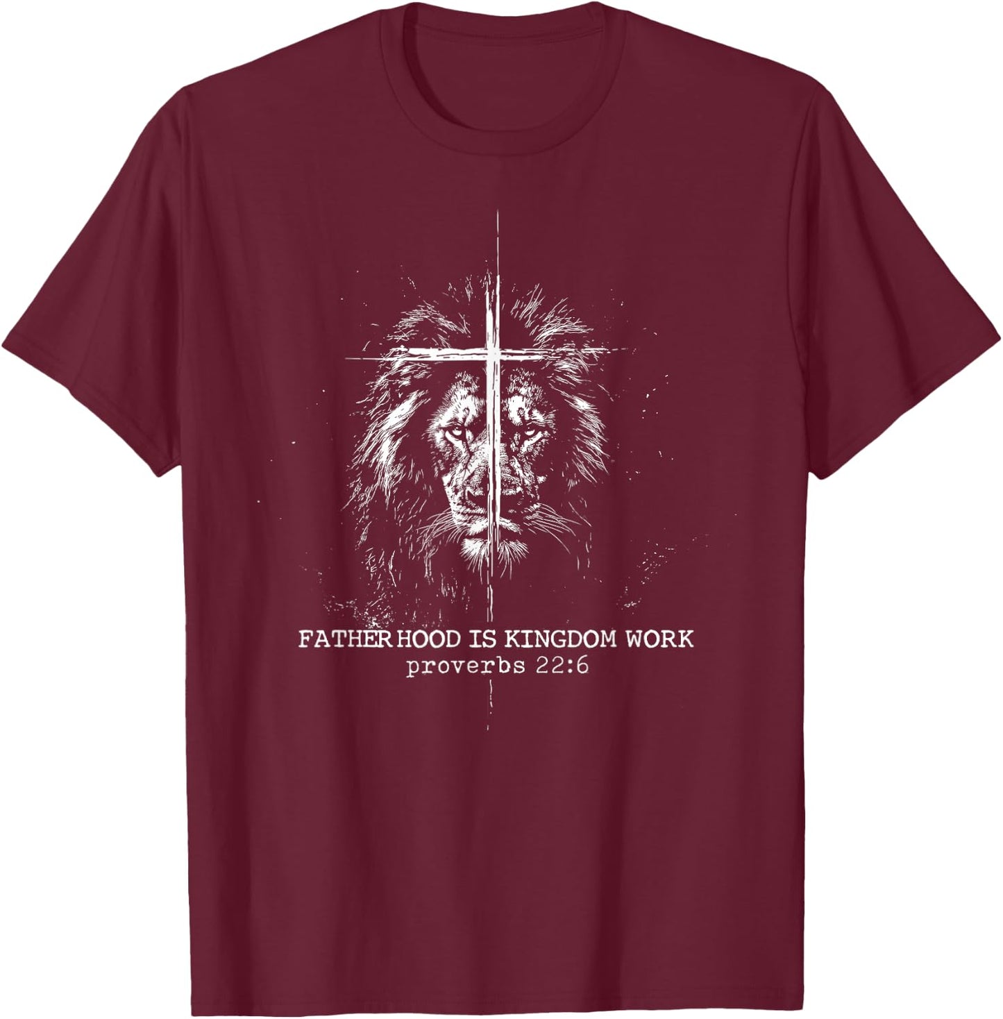 Fatherhood is Kingdom Work Retro Faith Based Lion Cross T-Shirt - T-Shirt | Maroon