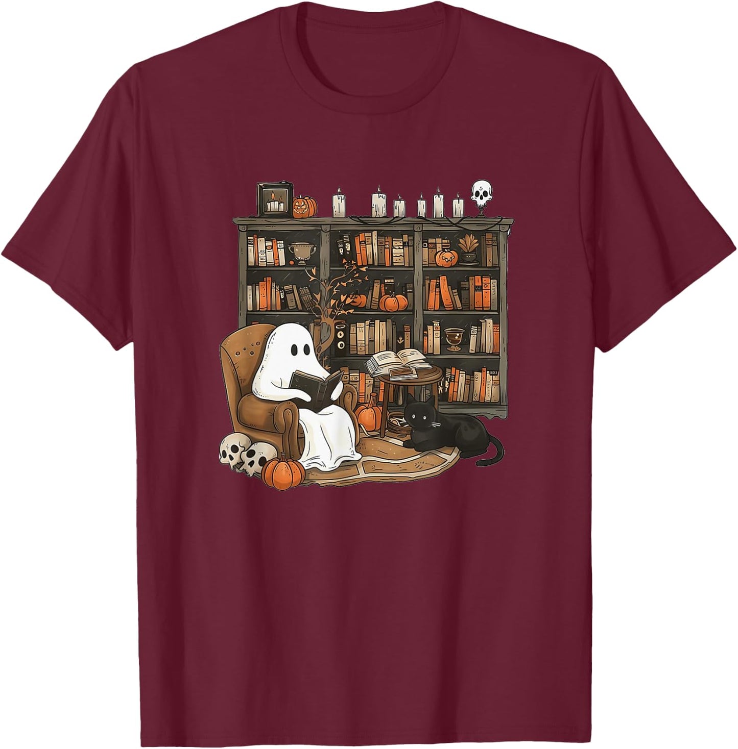 Retro Ghost Reading Books, Librarian Ghost Halloween T-Shirt - T-Shirt | Maroon