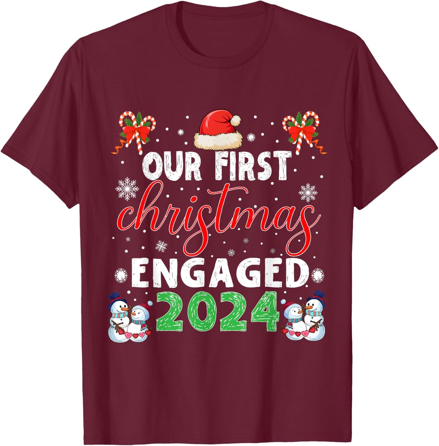 Christmas Couple Our First Christmas Engaged 2024 Funny Couple Xmas Pajamas T-Shirt - T-Shirt | Maroon