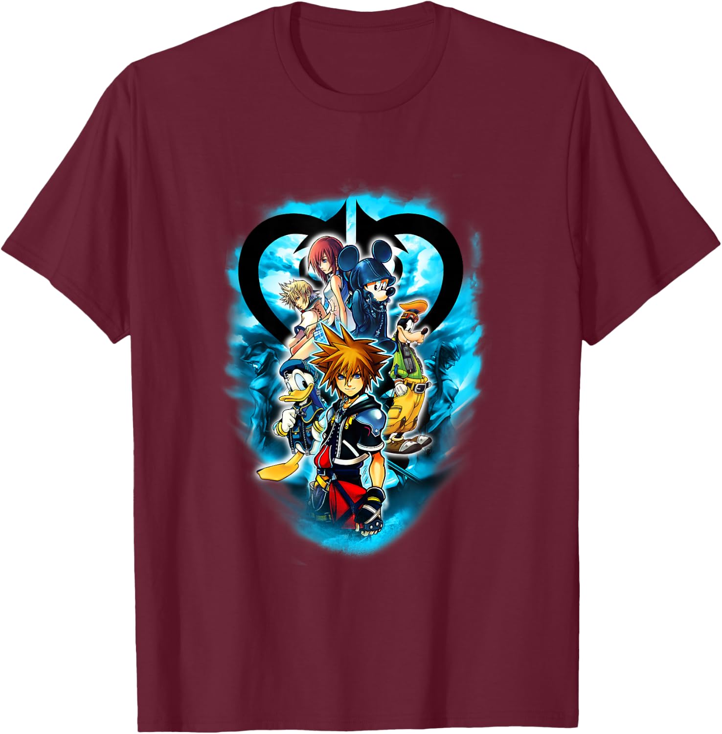 Disney Kingdom Hearts Main Characters Blue Flame Group Shot T-Shirt - T-Shirt | Maroon