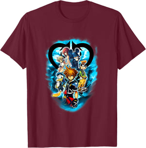 Disney Kingdom Hearts Main Characters Blue Flame Group Shot T-Shirt - T-Shirt | Maroon