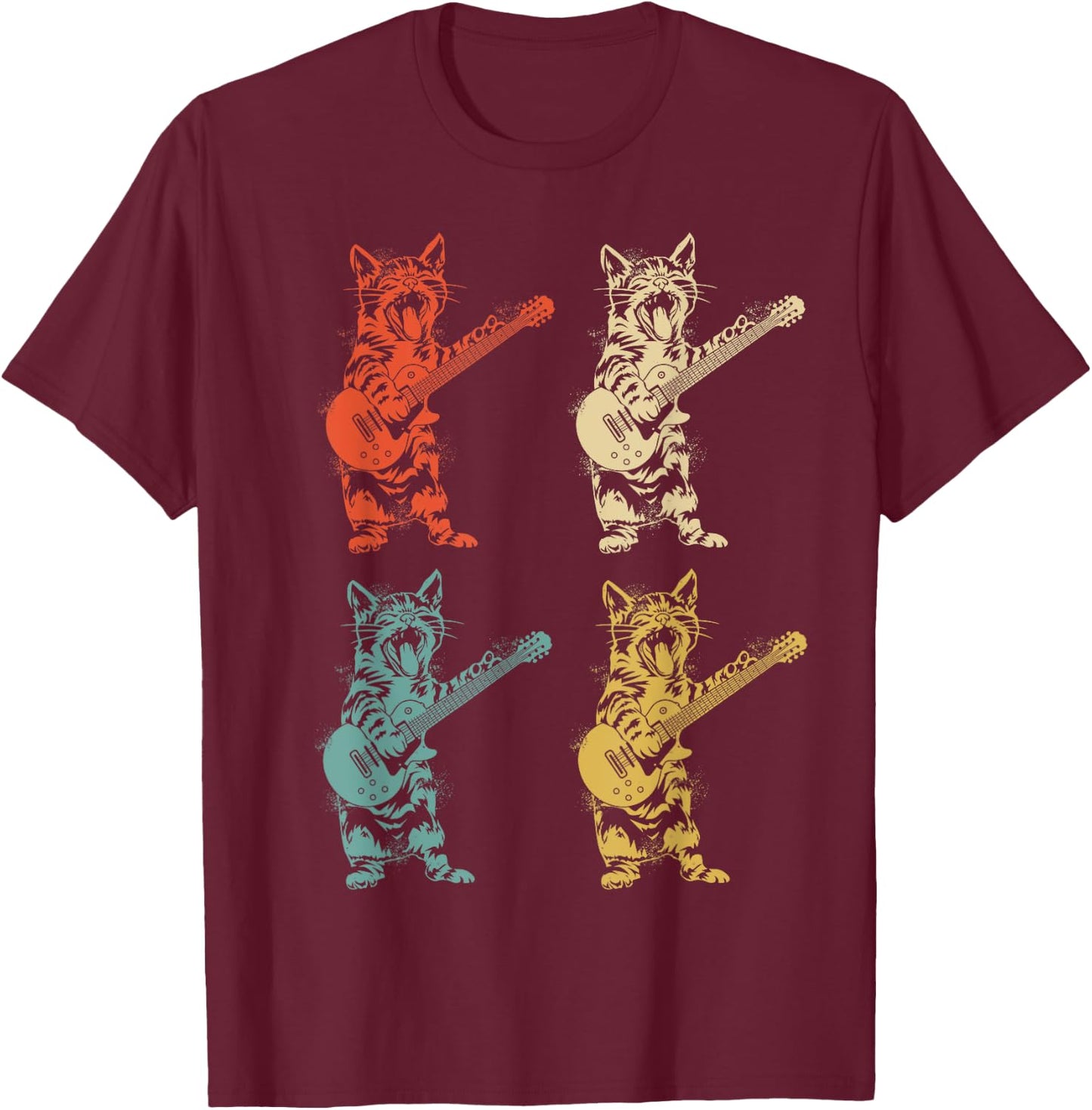 Retro Cat Rocker Kitty Plays Guitar Rockstar Guitarist , Black T-Shirt - T-Shirt | Maroon