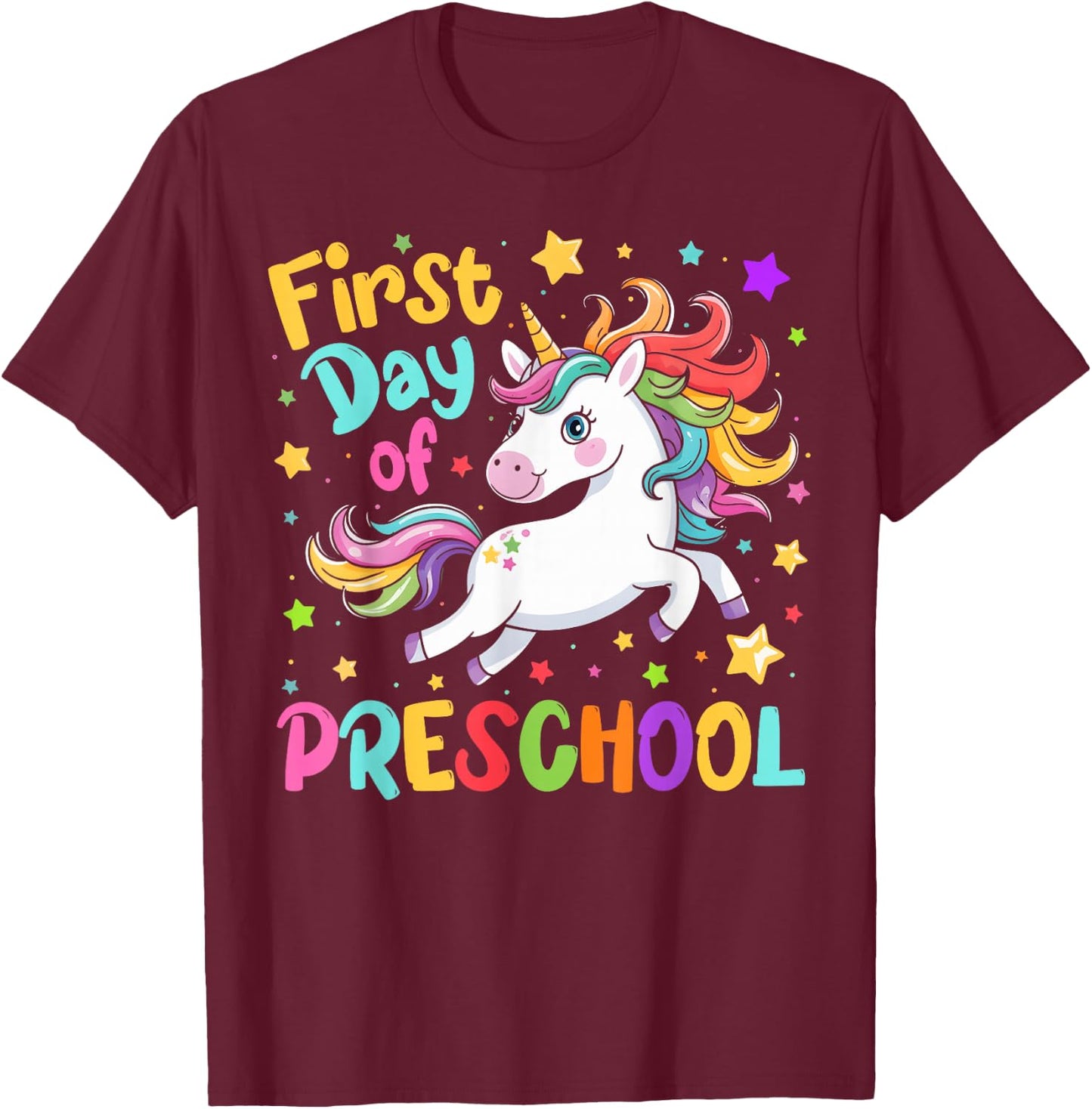 First Day Of Preschool Back To School Unicorn T-Shirt - T-Shirt | Maroon