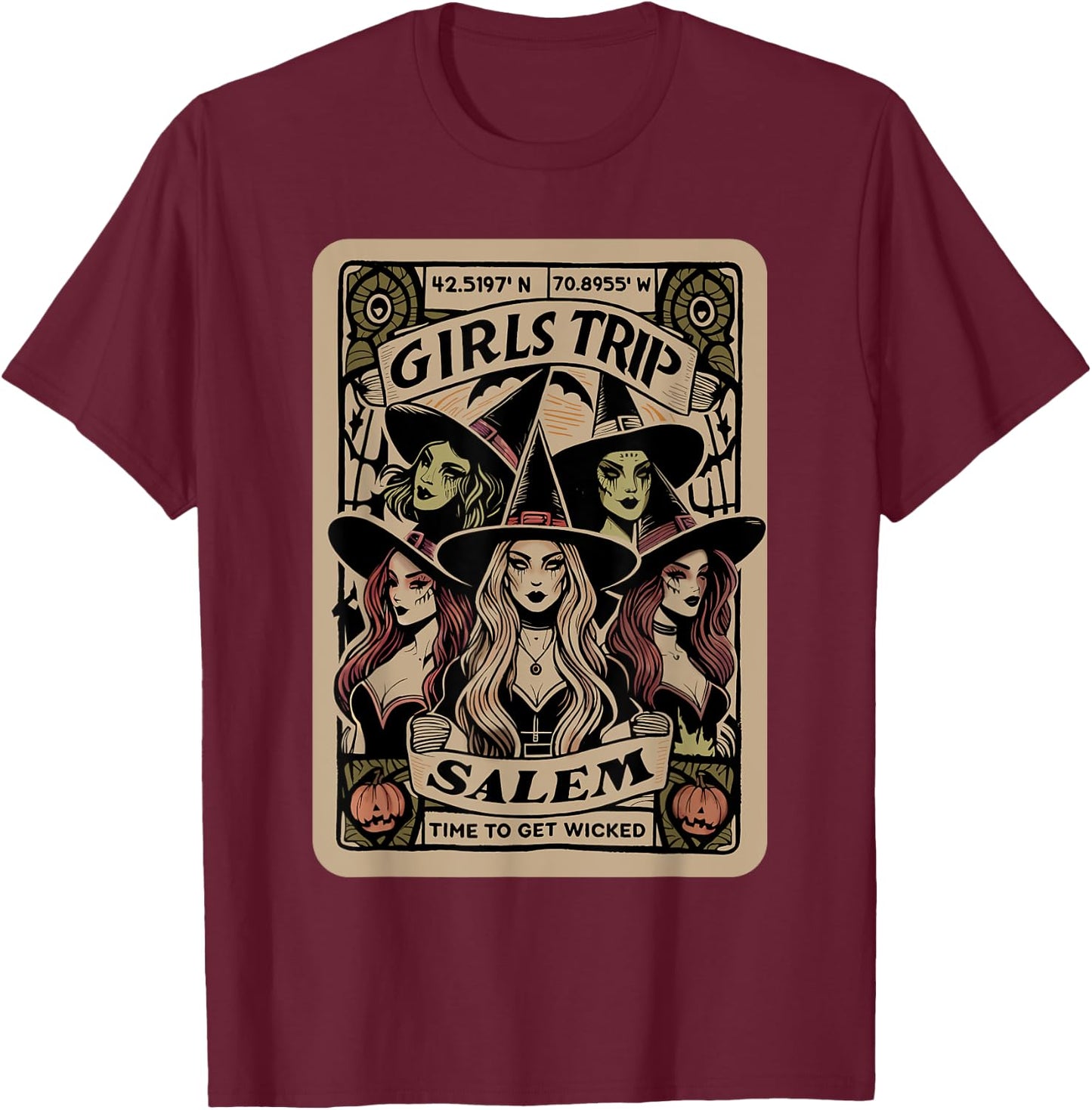 Girls Trip to Salem Time To Get Wicked Tarot Card Halloween T-Shirt - T-Shirt | Maroon
