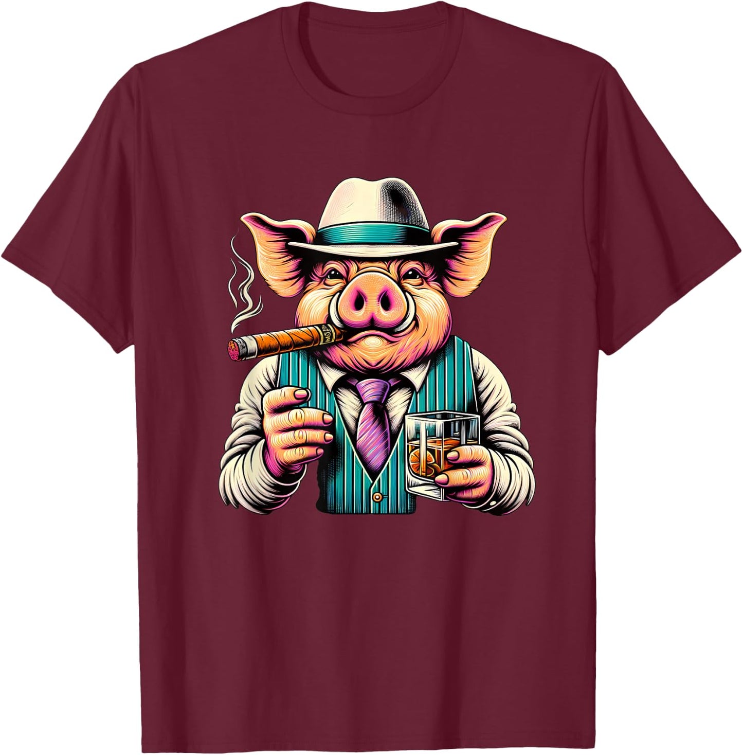 Pig Cigar And Whiskey T-Shirt - T-Shirt | Maroon
