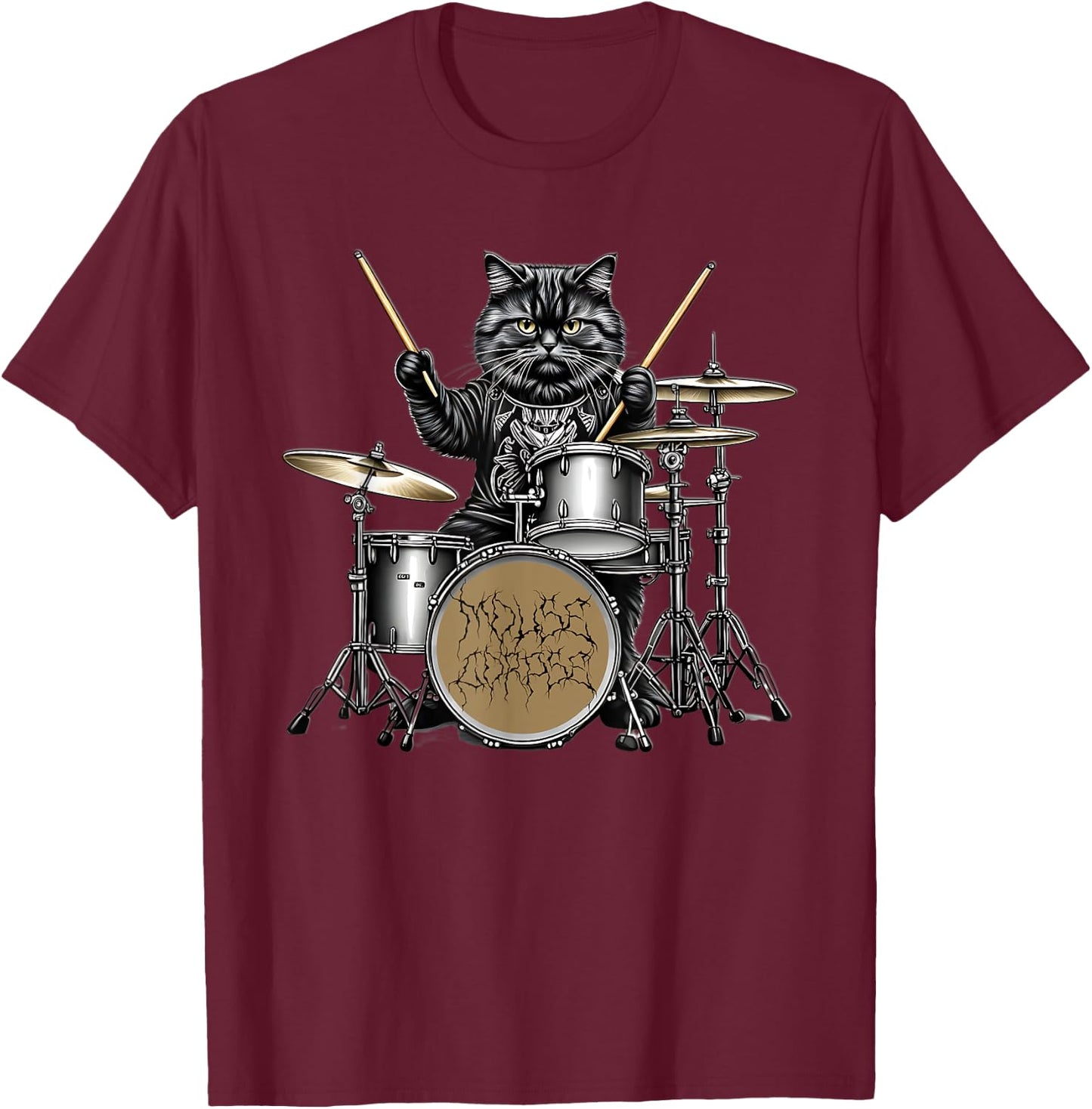 Heavy Metal Cats and Death Metal Metalhead Drummer Guitar T-Shirt - T-Shirt | Maroon