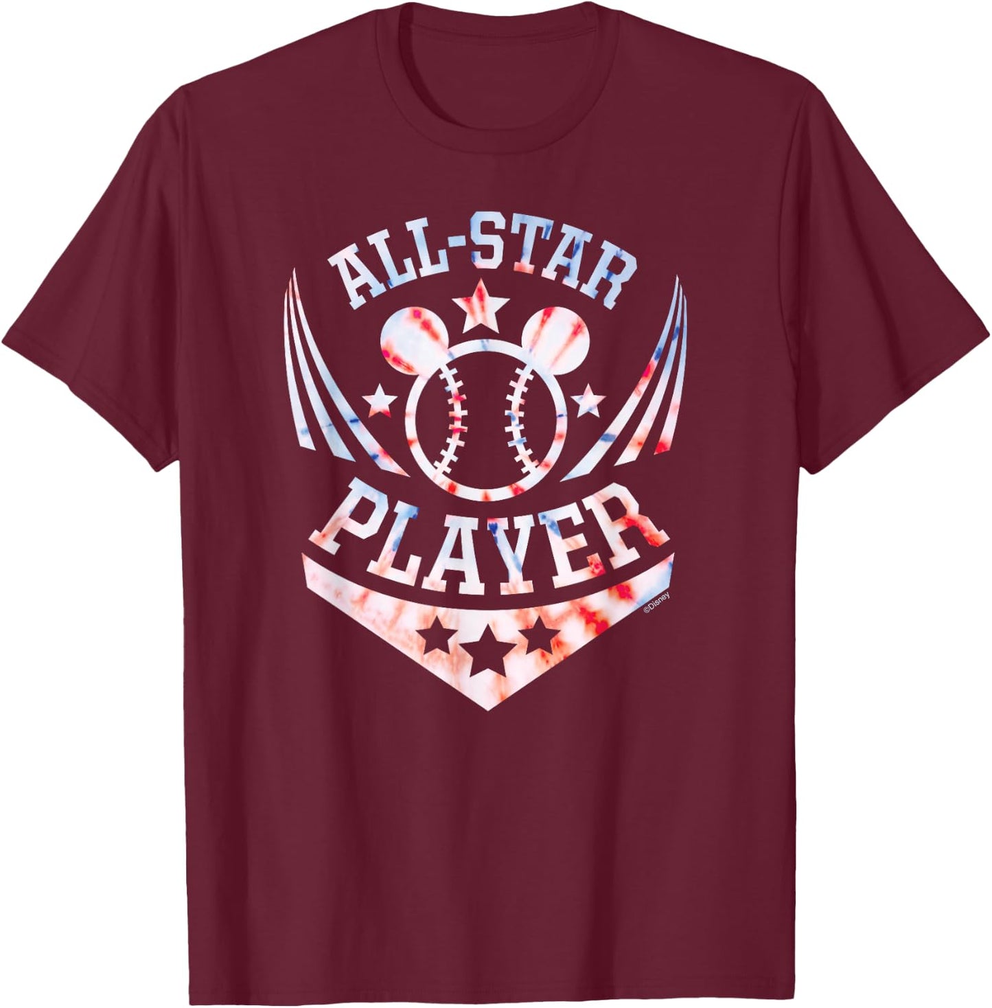 Disney Mickey Mouse Baseball All-Star Player Sports Tie-Dye T-Shirt - T-Shirt | Maroon