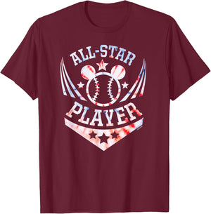 Disney Mickey Mouse Baseball All-Star Player Sports Tie-Dye T-Shirt - T-Shirt | Maroon