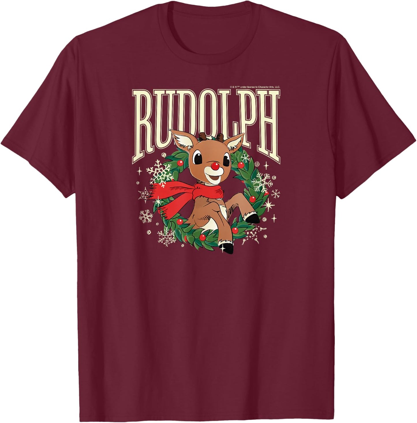 Rudolph The Red Nosed Reindeer - Christmas Wreath T-Shirt - T-Shirt | Maroon