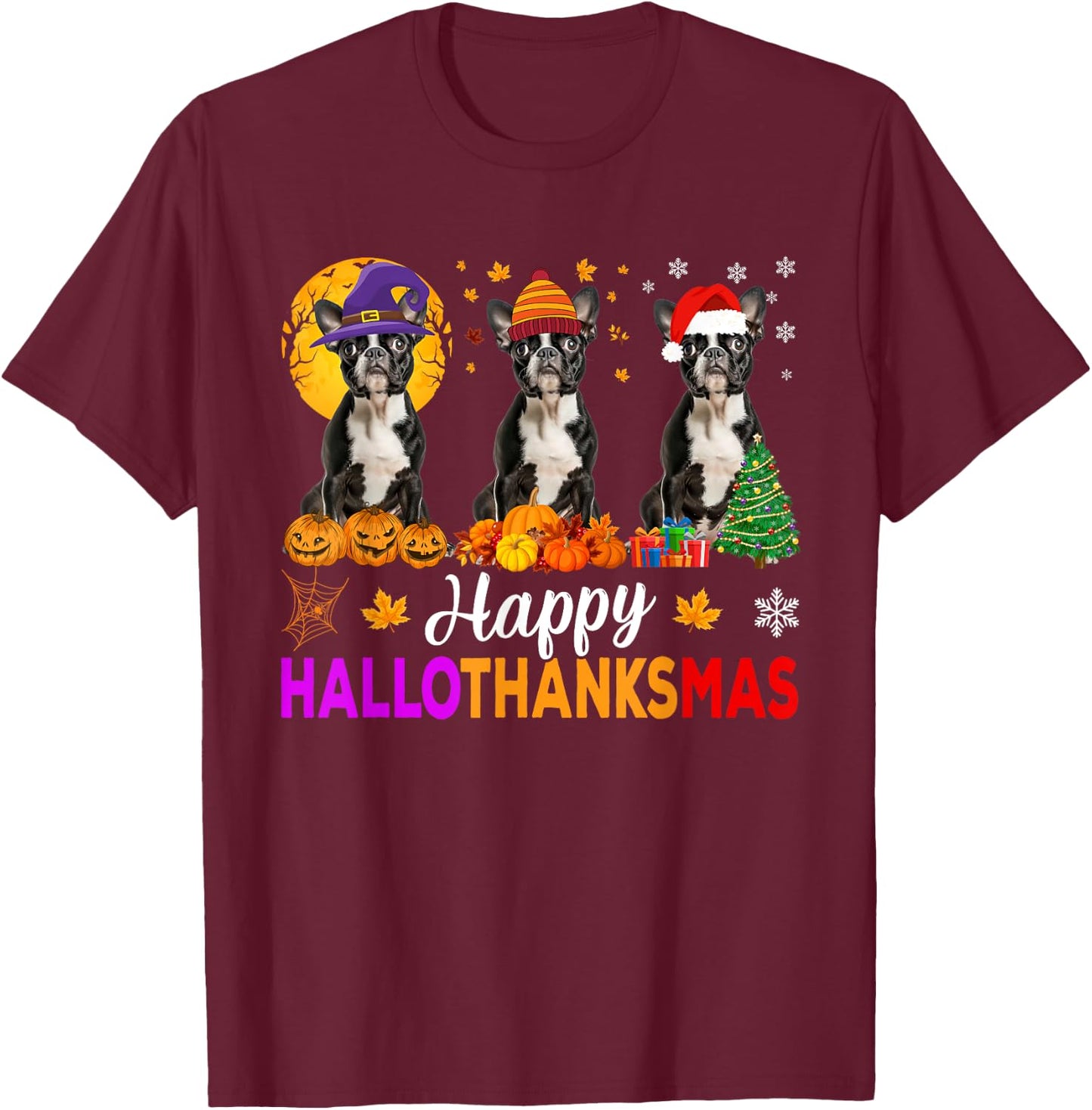 Boston Terrier Dog Halloween Christmas Hallothanksmas Men Women Kids T-Shirt - T-Shirt | Maroon