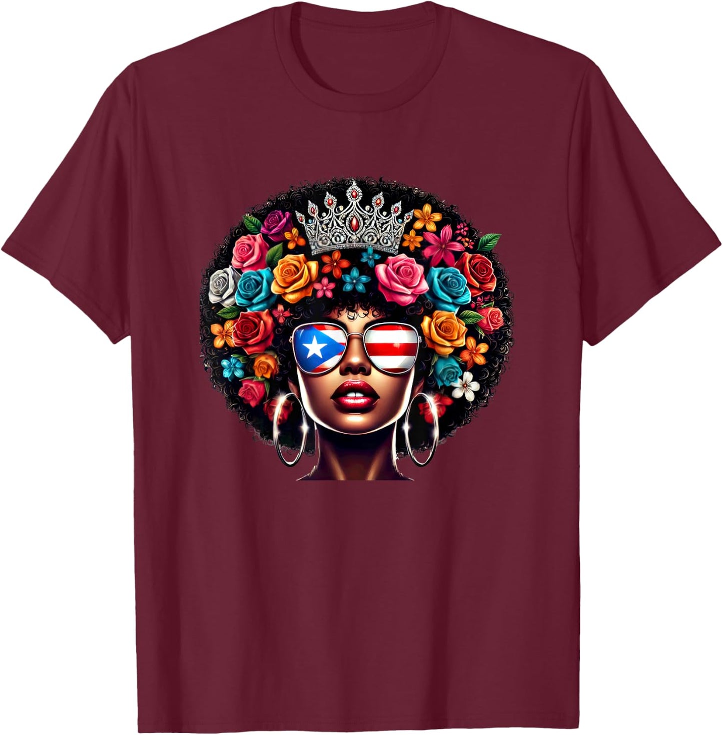 Afro Boricua Queen Crown Flowers Sunglasses Puerto Rico Flag T-Shirt - T-Shirt | Maroon