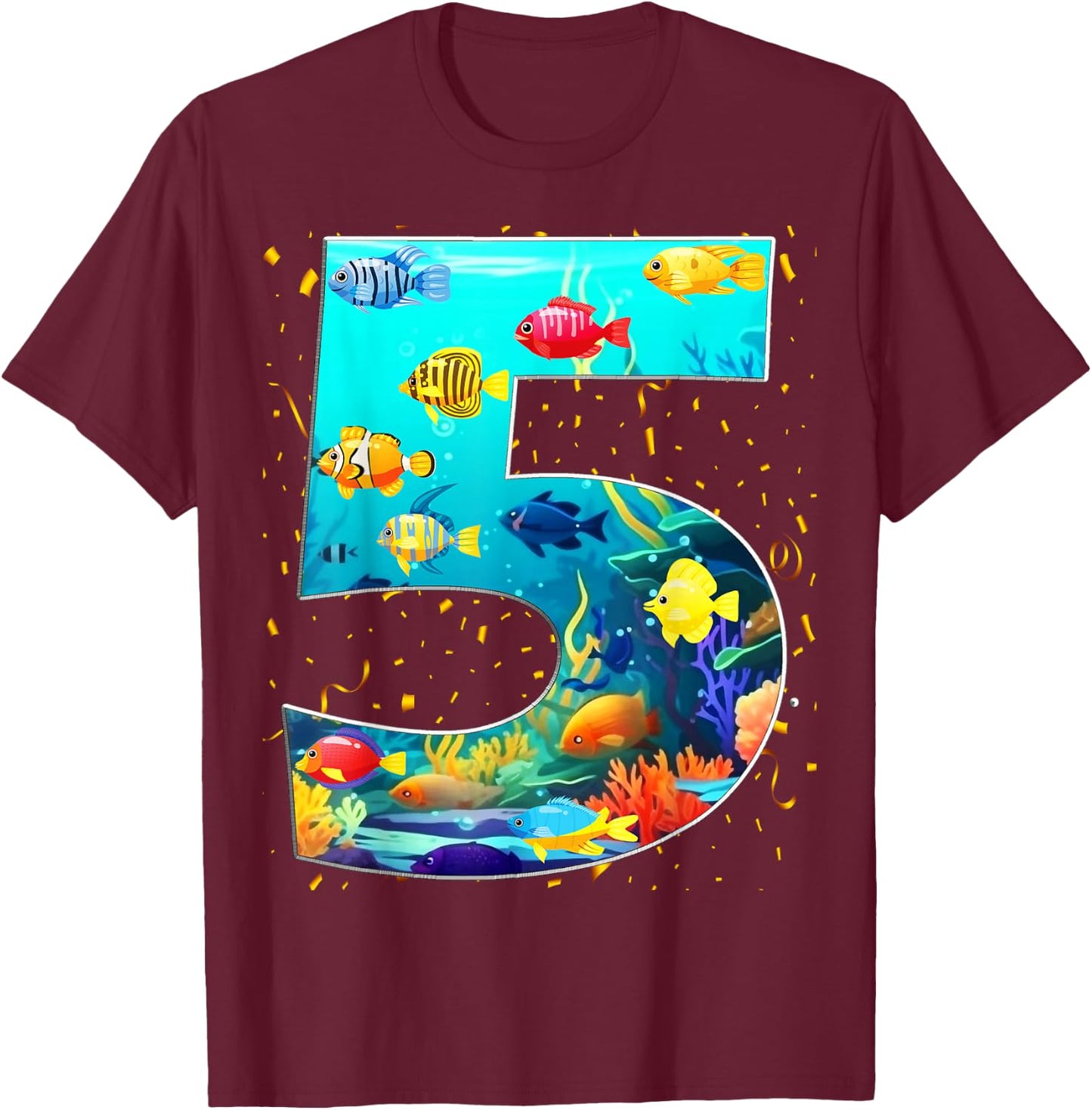 5th Birthday Party 5 Year Old Sea Fish Aquarium Birthday Boy T-Shirt - T-Shirt | Maroon
