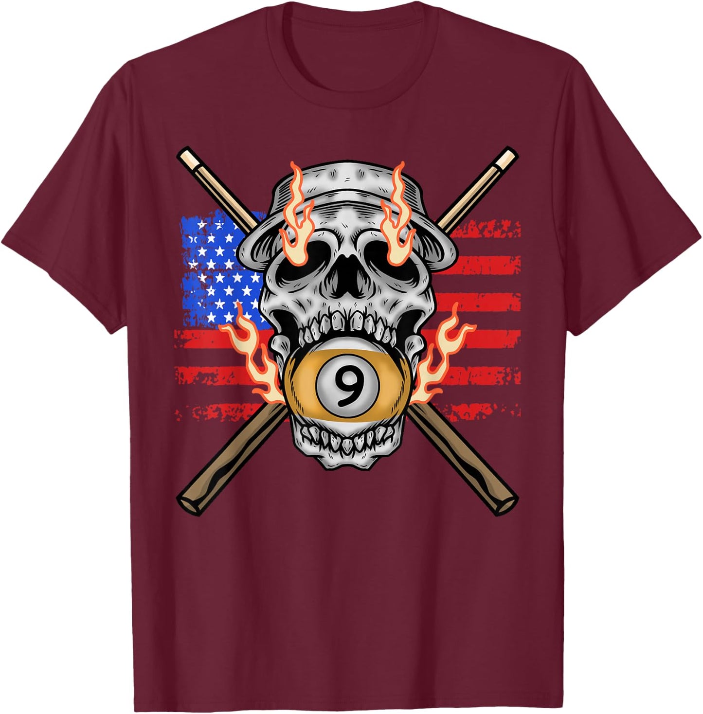 9 Ball Billiard Pool Player American Flag Skull Billiards T-Shirt - T-Shirt | Maroon