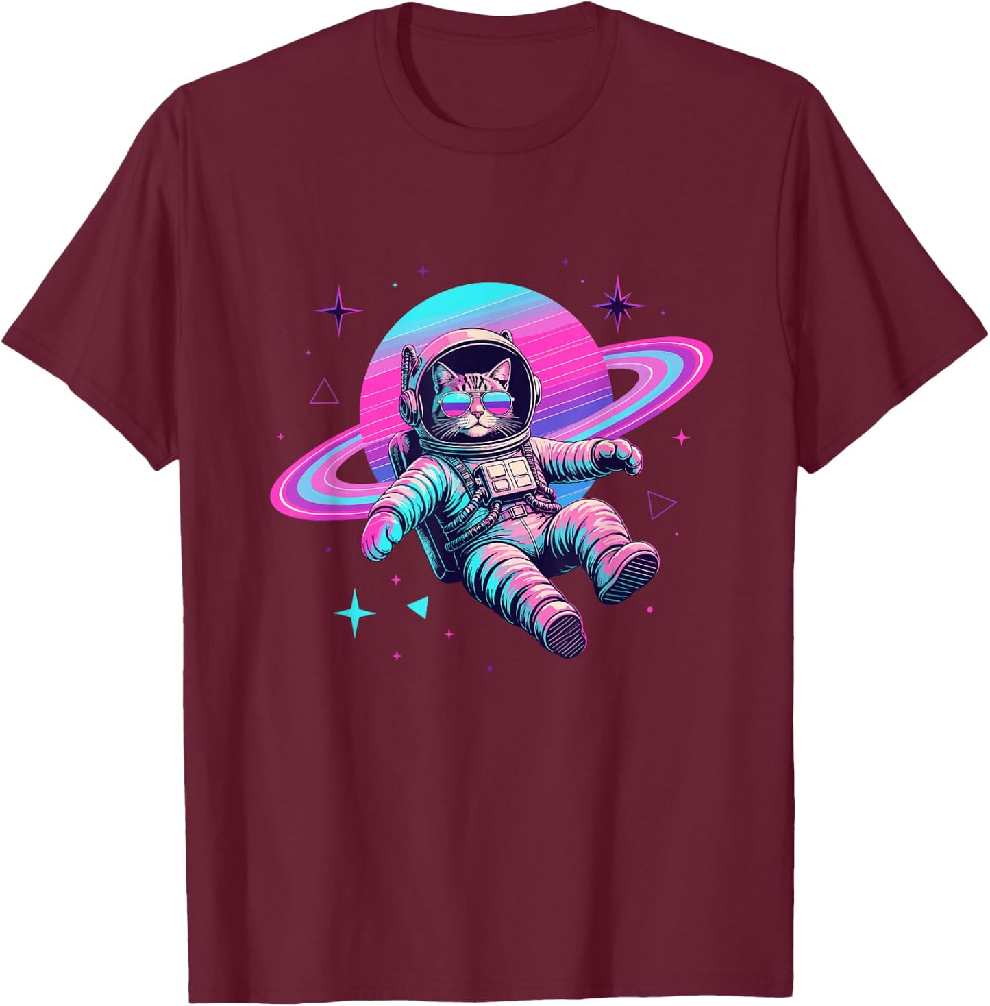 Galaxy Space Cat Astronaut with Planet Rings T-Shirt - T-Shirt | Maroon