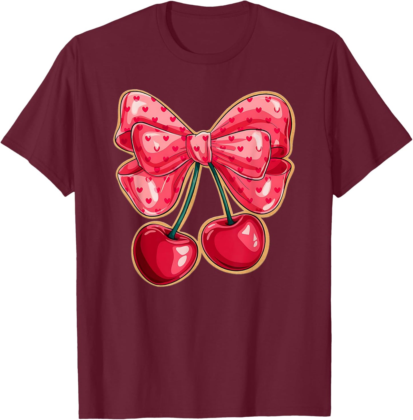 Cute Coquette Bows with Cherries and Hearts Aesthetic Bow T-Shirt - T-Shirt | Maroon