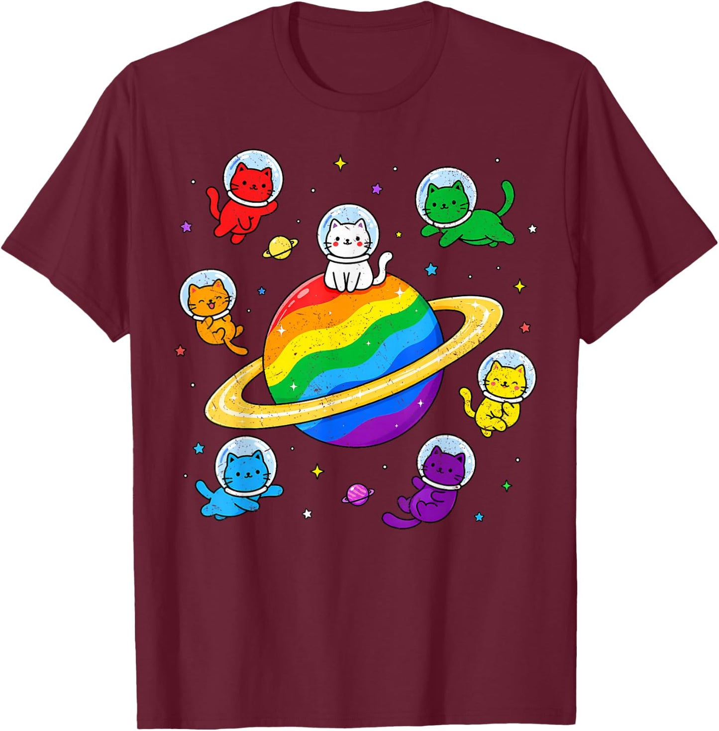 Cute Kawaii Cats Rainbow Space Cat LGBTQ Flag Gay Pride Ally T-Shirt - T-Shirt | Maroon