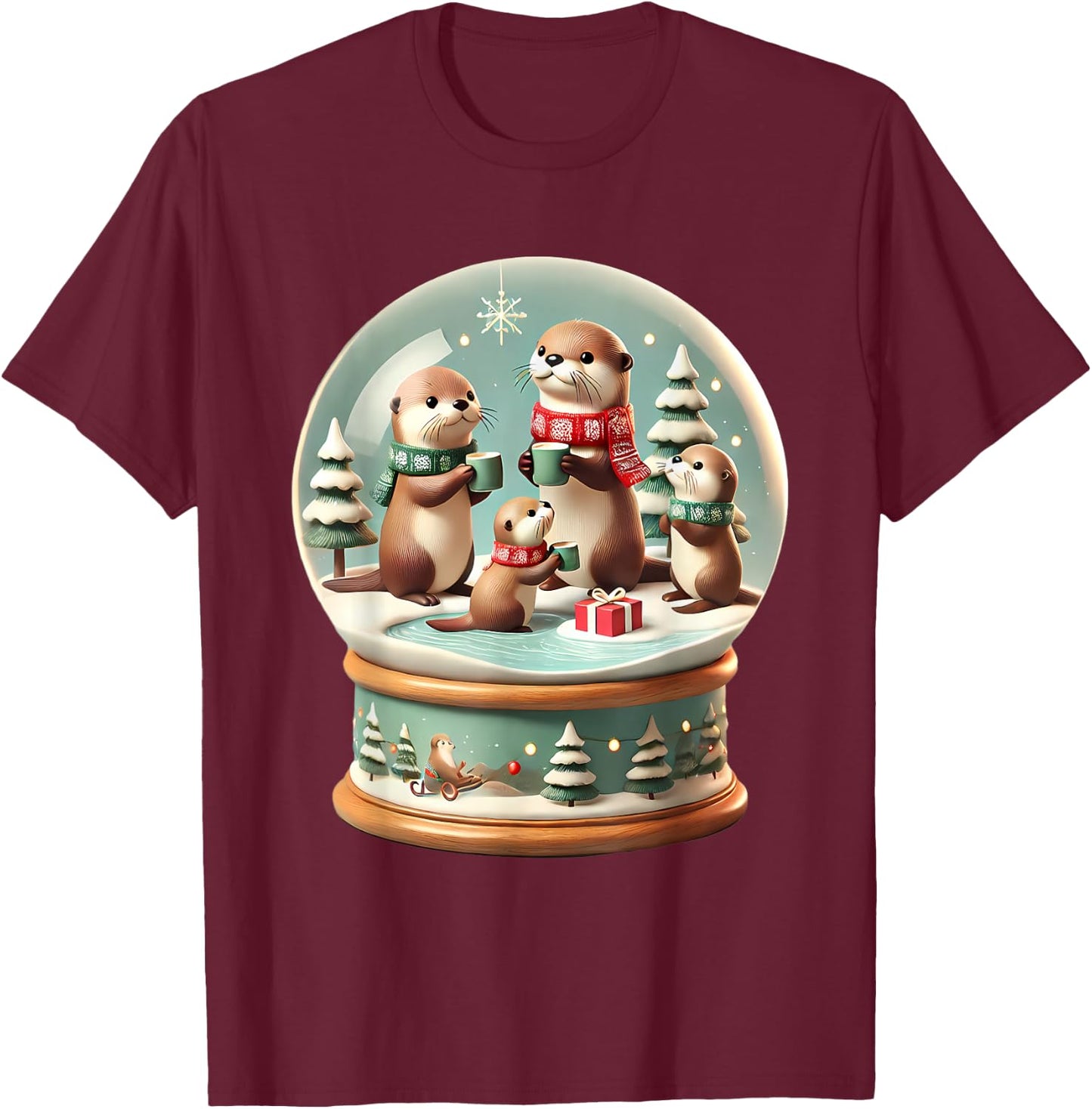 Christmas Otter Snow Globe Scene Family Holiday Xmas T-Shirt - T-Shirt | Maroon