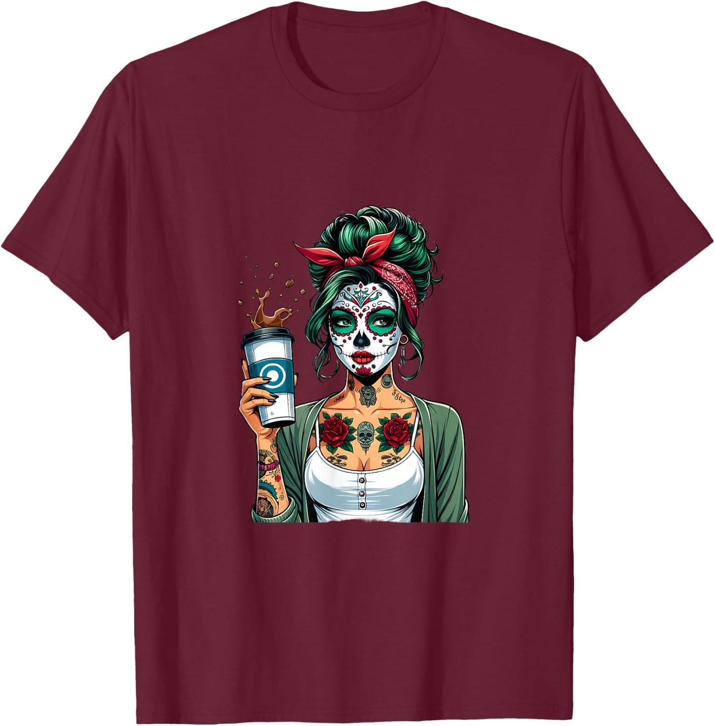 Retro Woman Diva Coffee Skull Make-Up Vintage Pin-Up T-Shirt - T-Shirt | Maroon