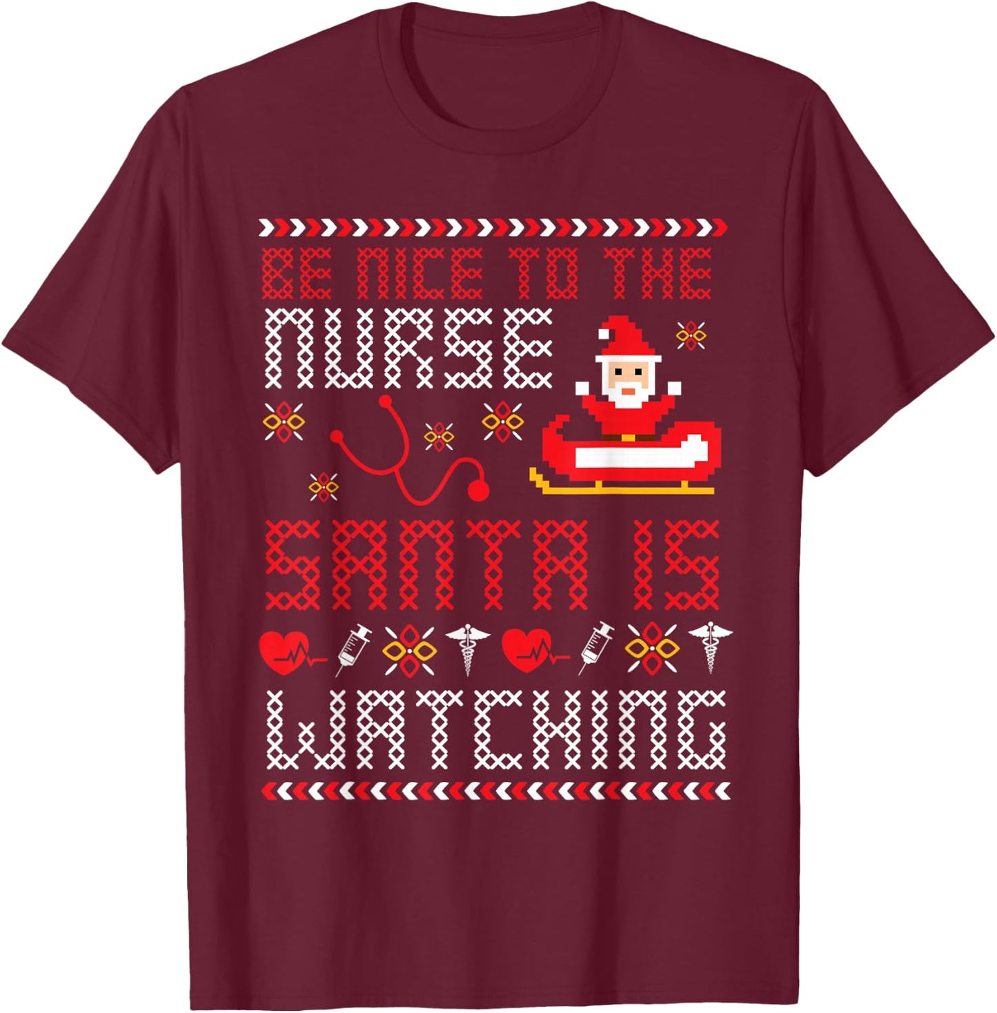 Christmas Santa Nurse Ugly Christmas Sweater T-Shirt - T-Shirt | Maroon