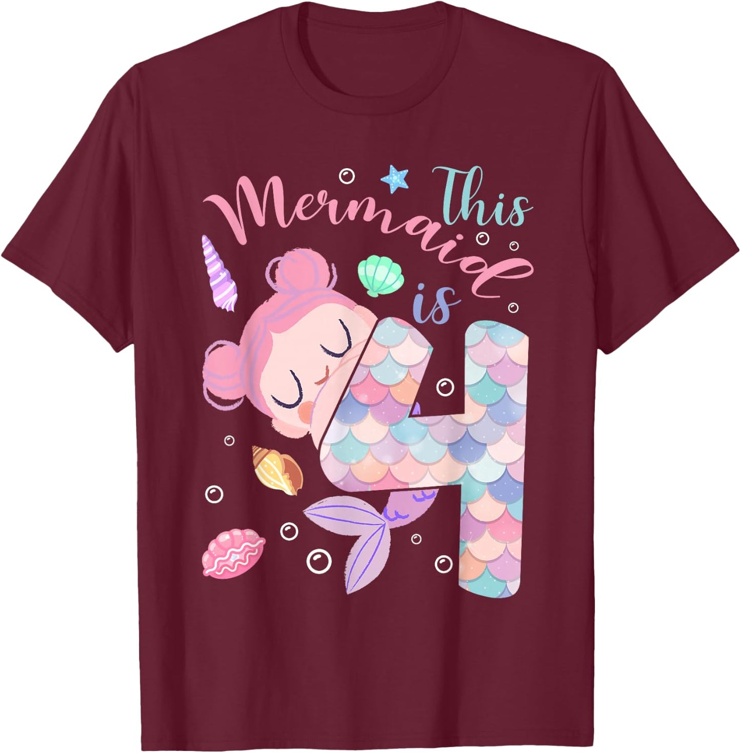This Mermaid Is 4 Year Old Birthday Kids Girls 4th Birthday T-Shirt - T-Shirt | Maroon