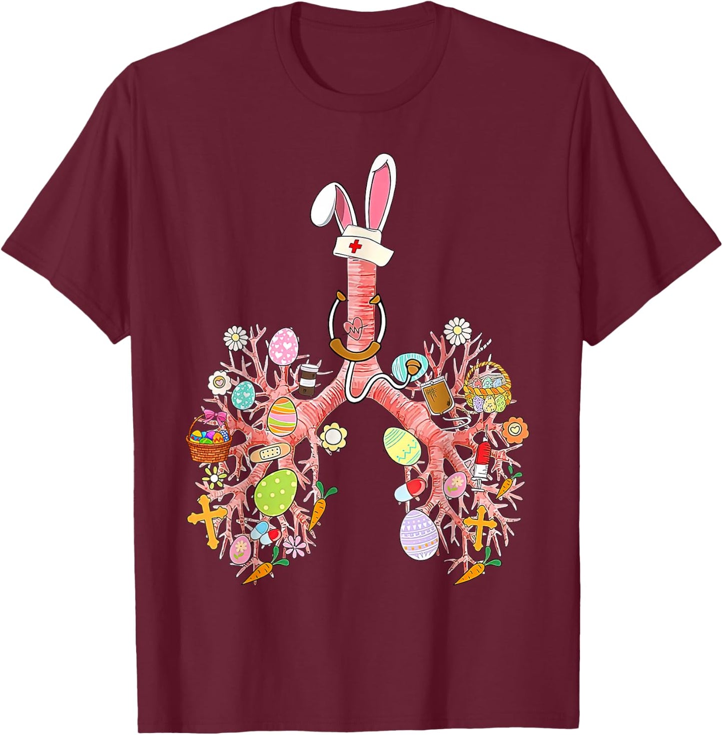 Bunny Lungs Respiratory Nurse Easter Day RT Therapist Eggs T-Shirt - T-Shirt | Maroon