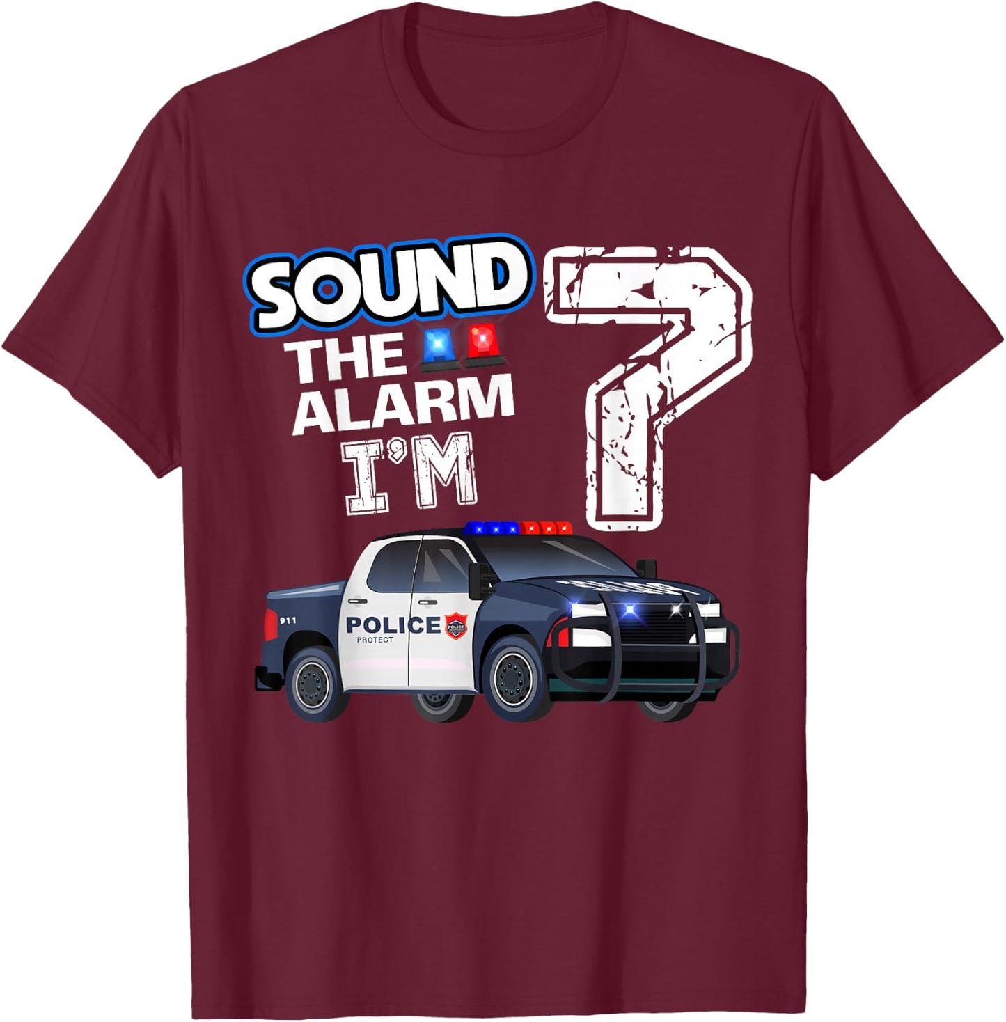 7th B-Day Police Car Policeman Officer Birthday 7 Year Old T-Shirt - T-Shirt | Maroon