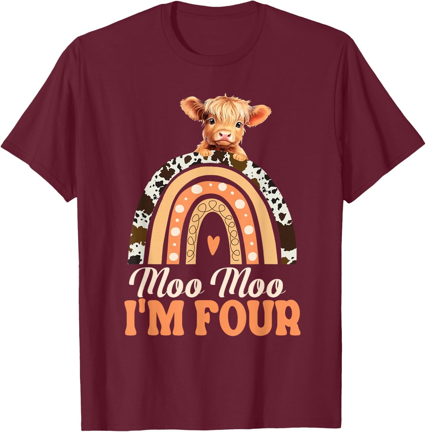 Moo Moo Im Four Birthday Decorations Highland Cow 4th Bday T-Shirt - T-Shirt | Maroon