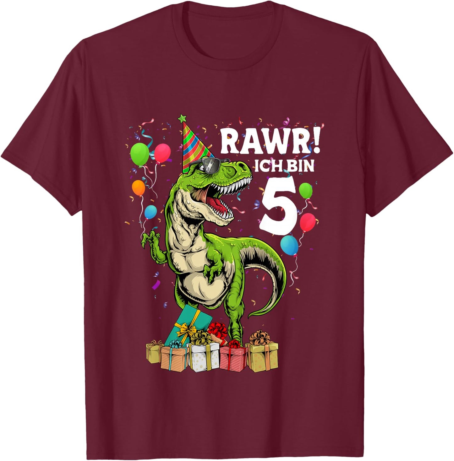 Children's Birthday Shirt 5 Years Boy Dinosaur Dino I Am 5 , black T-Shirt - T-Shirt | Maroon