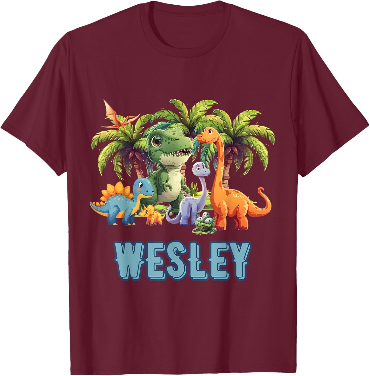 WESLEY Dinosaur Personalized Custom First Name Toddler Boy T-Shirt - T-Shirt | Maroon