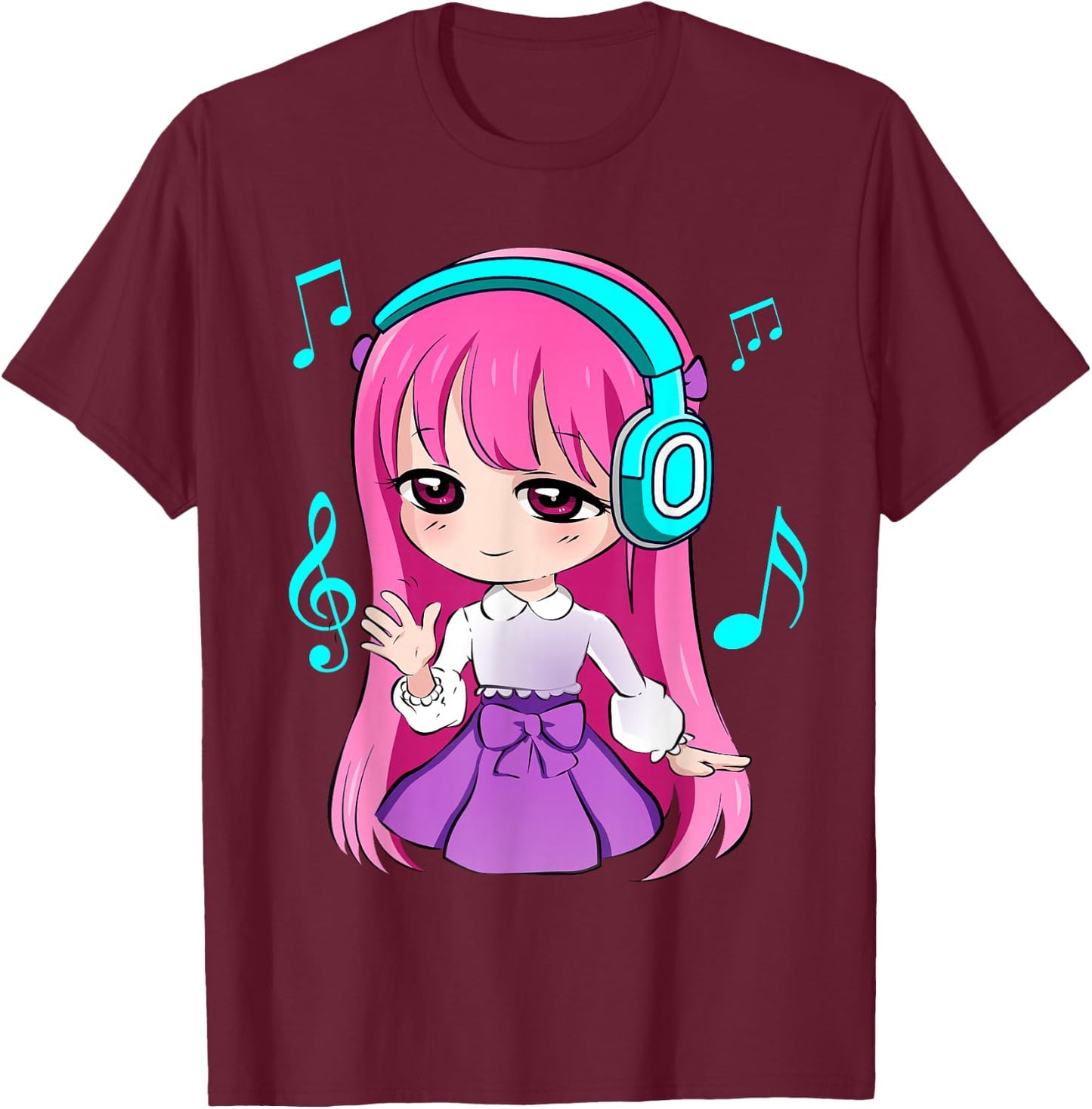 Anime and Music Girl for Teen Chibi Graphic Anime Girl T-Shirt - T-Shirt | Maroon