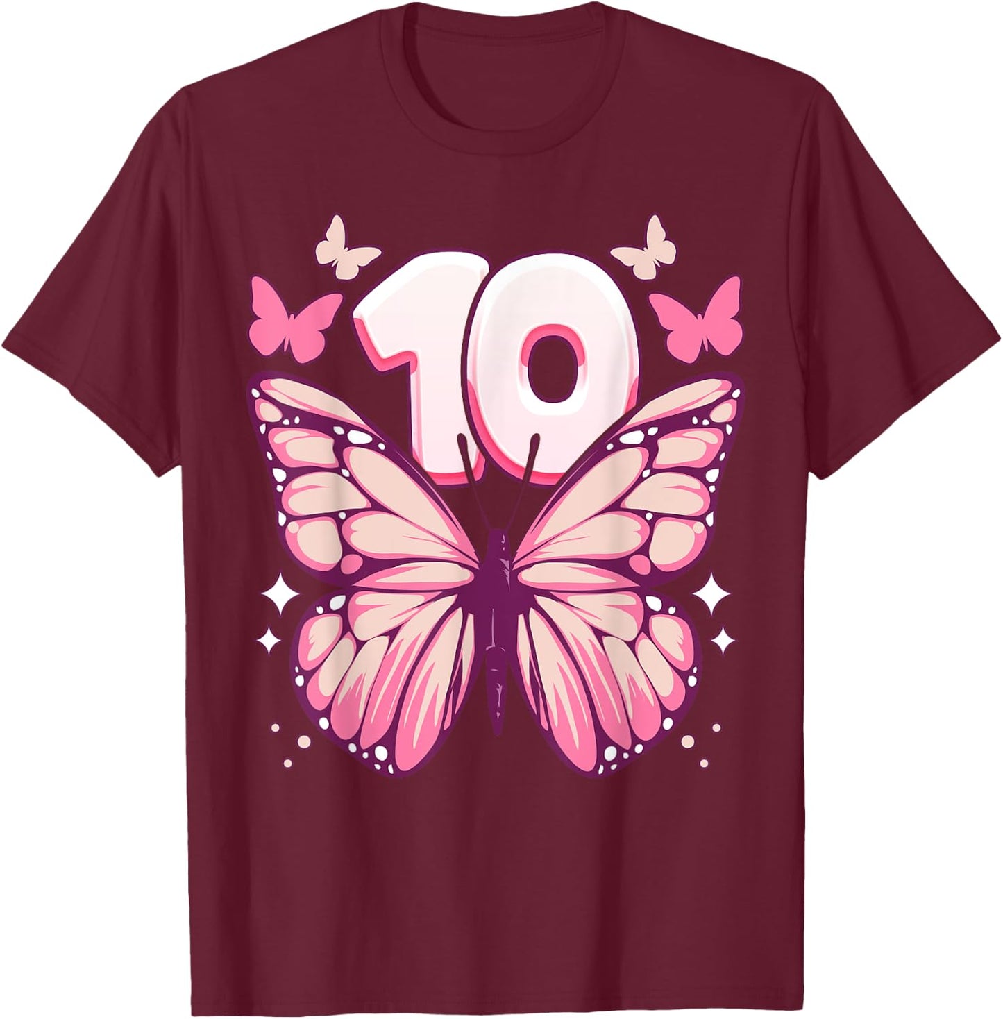 Geburtstag Mädchen 10 Jahre, Schmetterlinge und Nummer 10 T-Shirt - T-Shirt | Maroon
