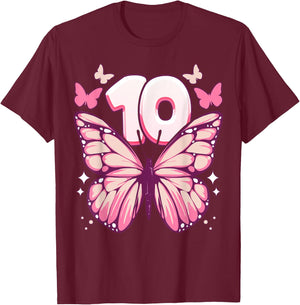 Geburtstag Mädchen 10 Jahre, Schmetterlinge und Nummer 10 T-Shirt - T-Shirt | Maroon