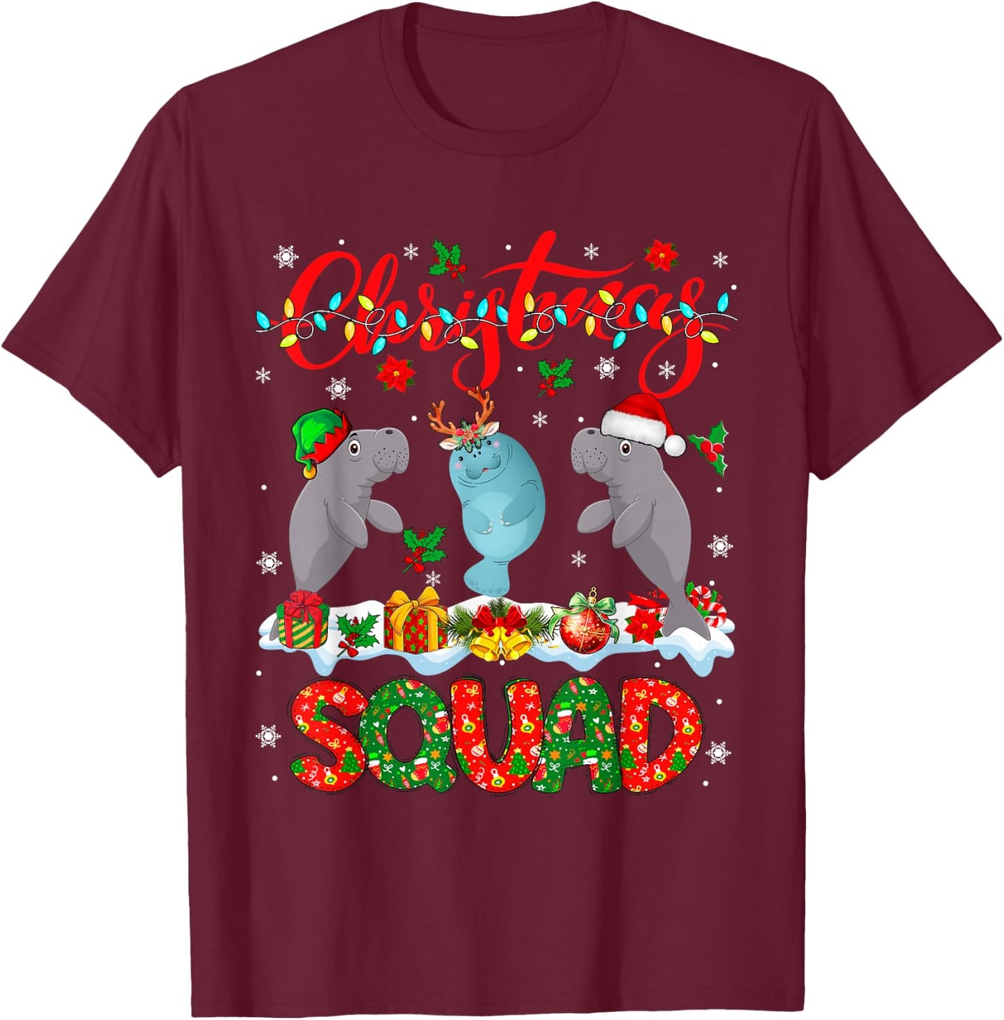 Christmas Squad Three Santa Reindeer Elf Manatees Xmas T-Shirt - T-Shirt | Maroon