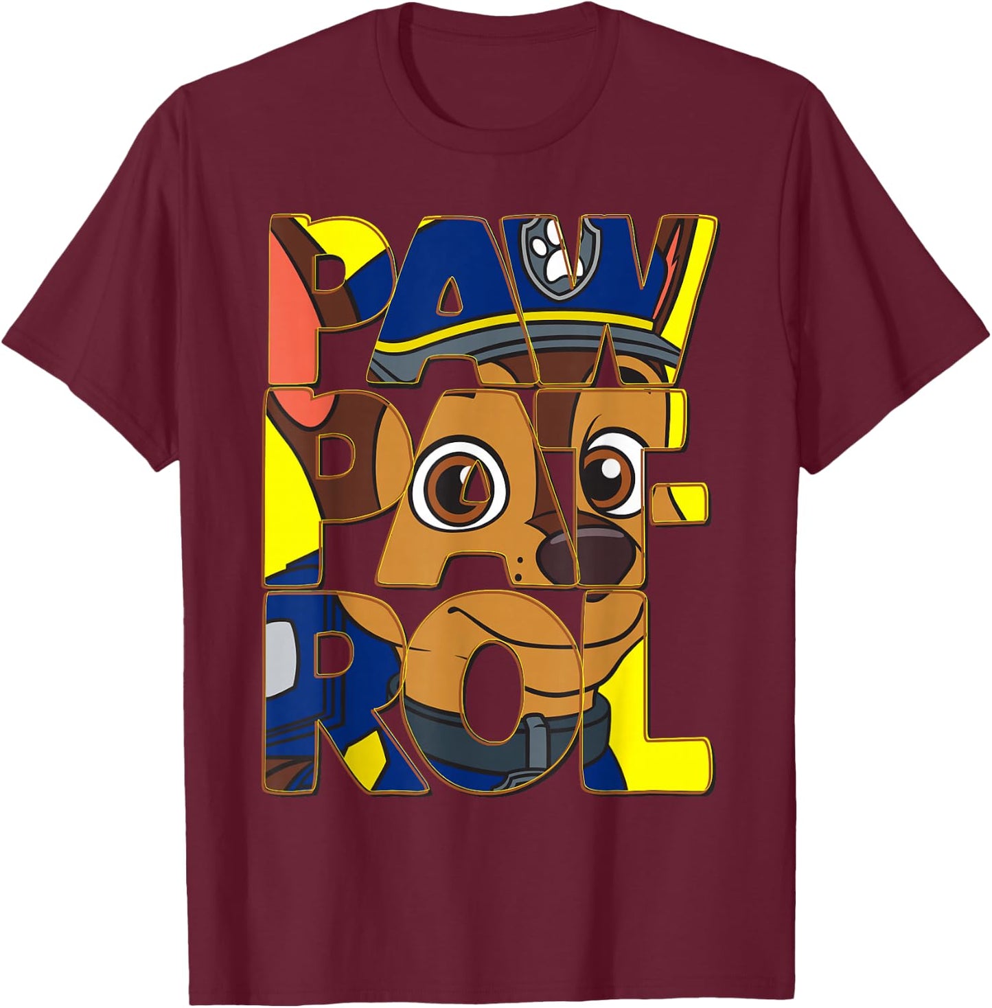 Police Pup Chase With Text On Face T-Shirt - T-Shirt | Maroon