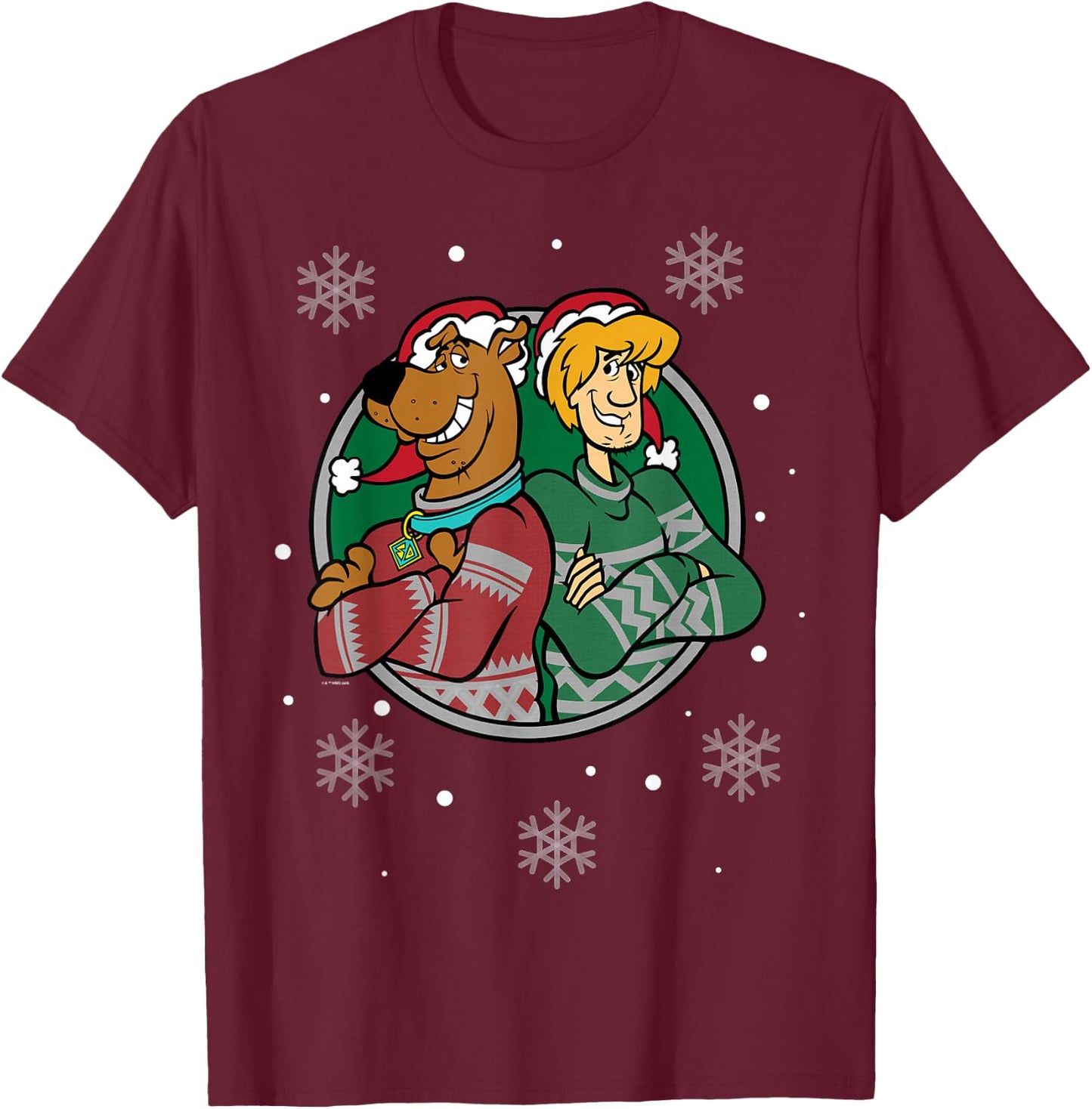 Christmas Scooby Doo Shaggy Arms Crossed Snowing T-Shirt - T-Shirt | Maroon