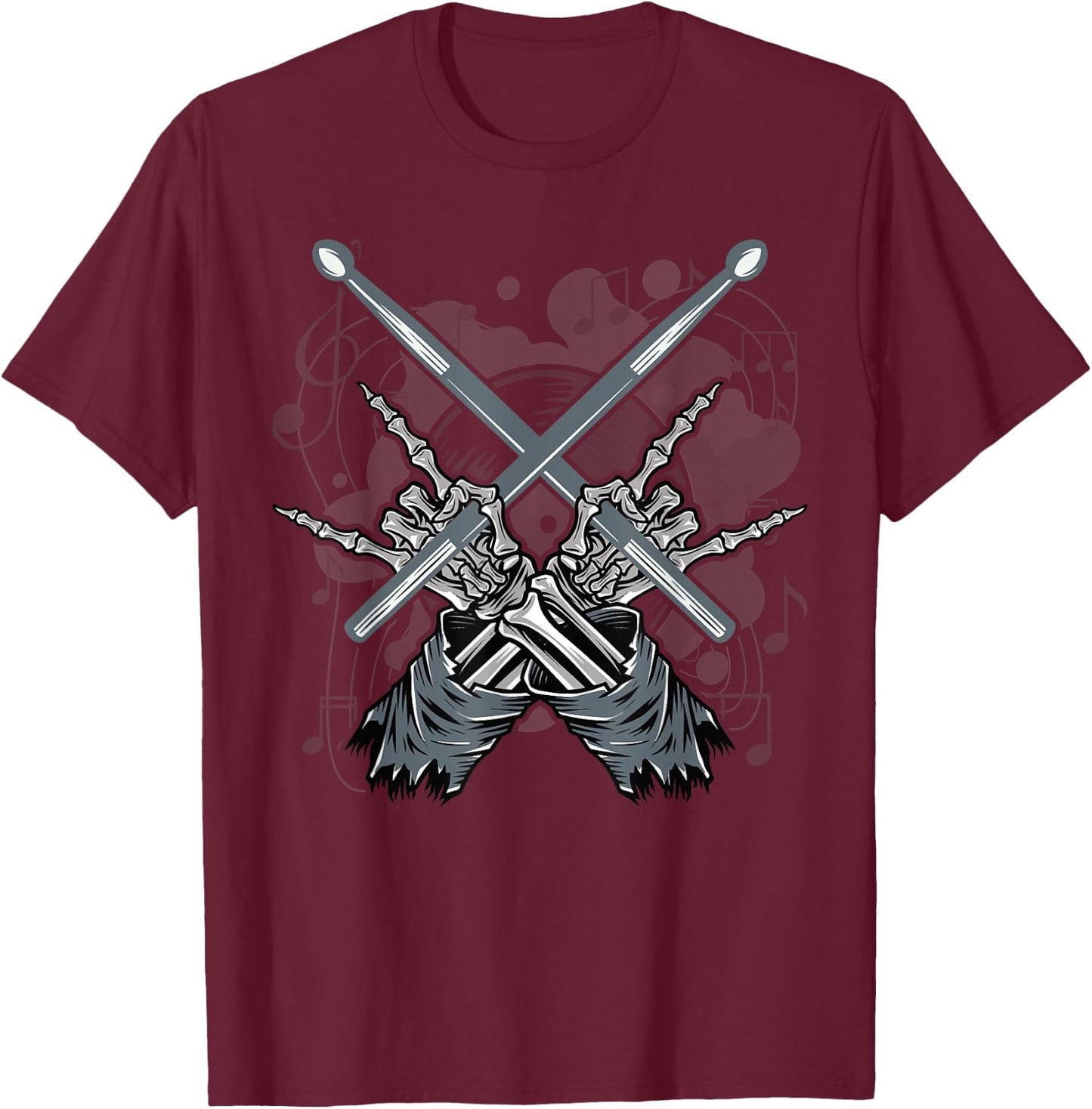 Drummer Drum Sticks Rock & Roll Skeleton Hand Horns T-Shirt - T-Shirt | Maroon