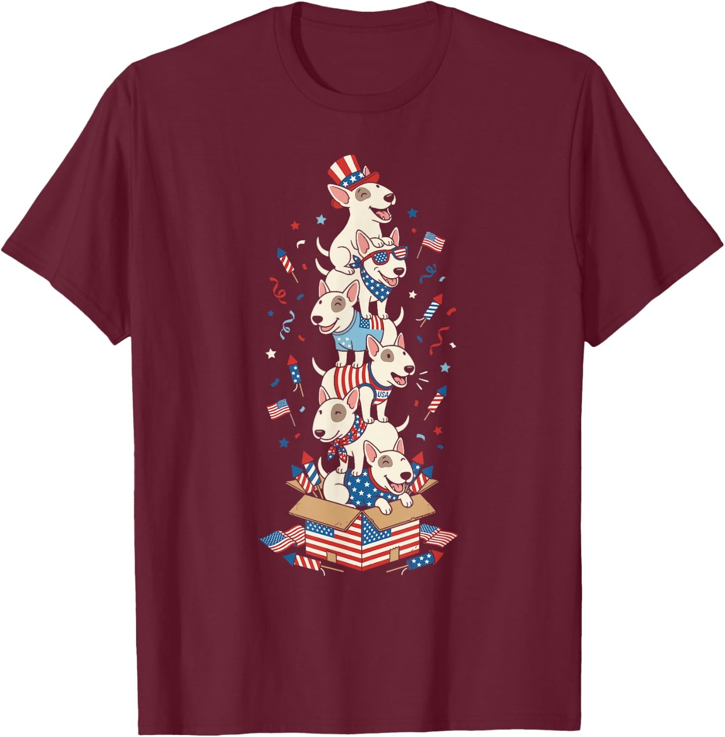 Bull Terrier American USA Flag Memorial Day 4th of July T-Shirt - T-Shirt | Maroon