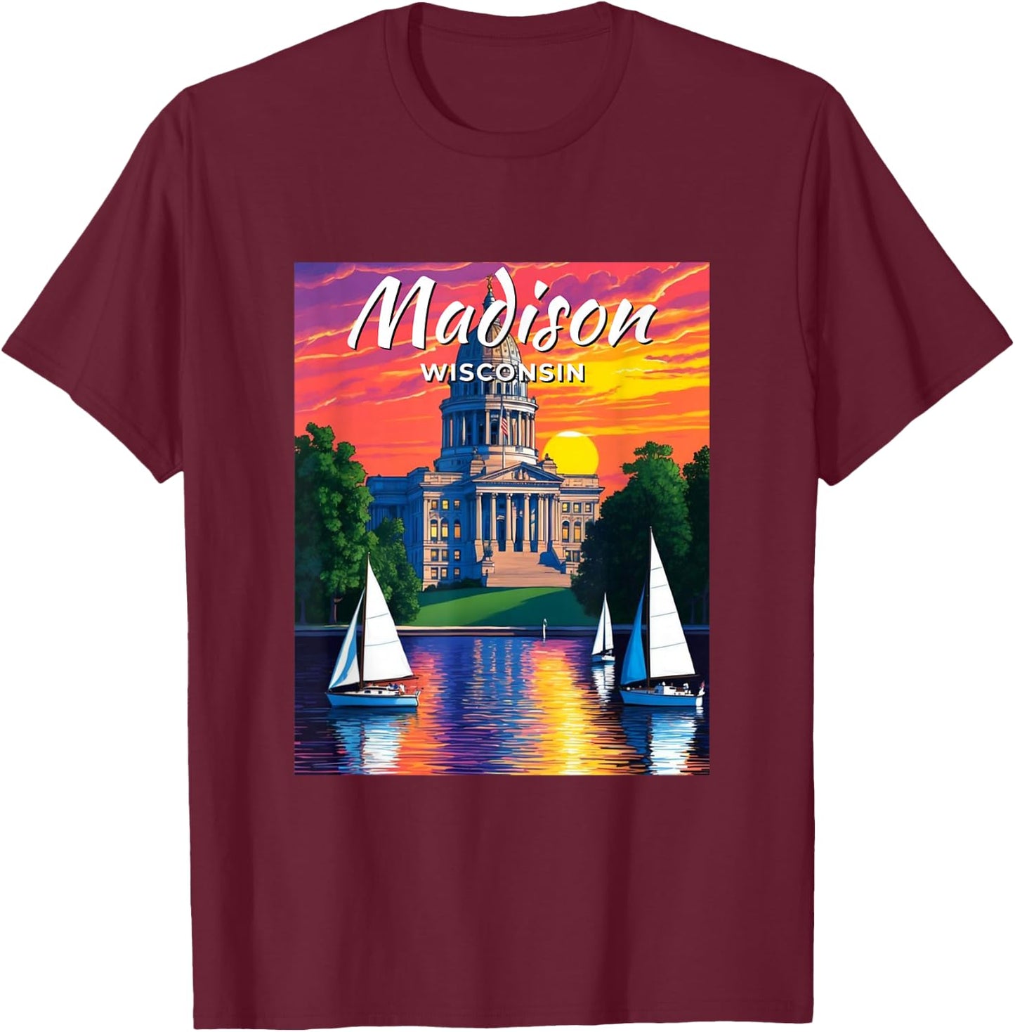 Madison Skyline Wisconsin State Capitol Sailboats Vintage T-Shirt - T-Shirt | Maroon