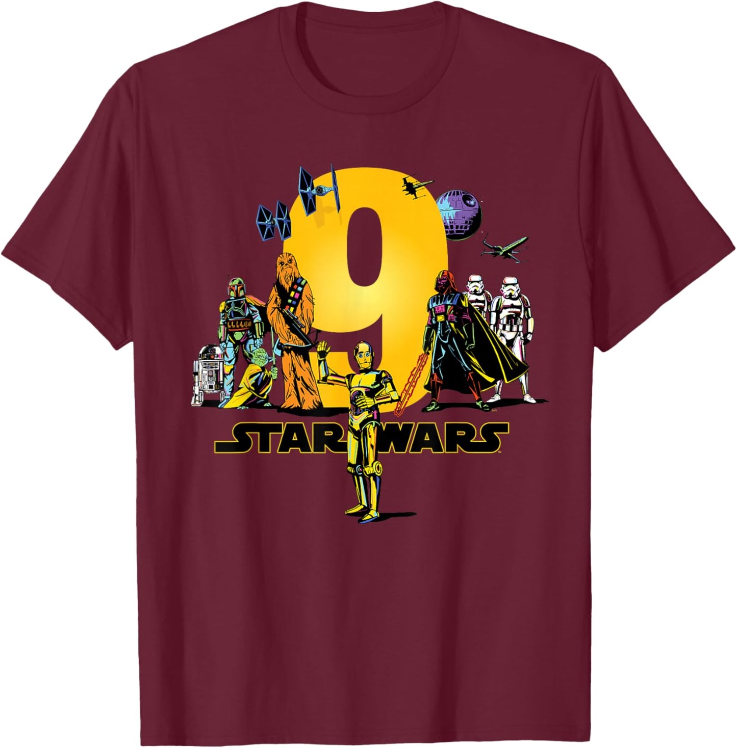 Star Wars Classic Characters Ninth Birthday 9 Years Old , black T-Shirt - T-Shirt | Maroon