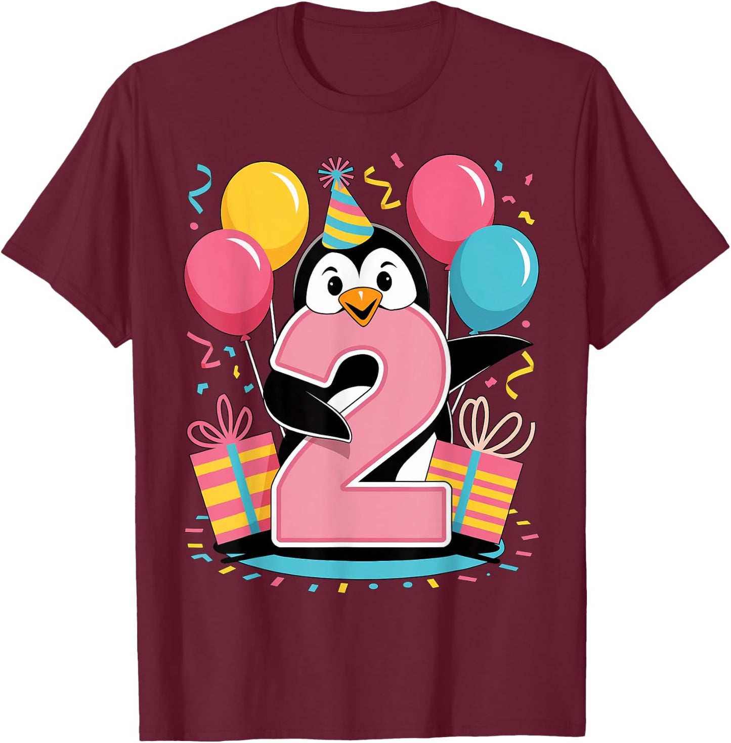 Penguin 2nd birthday boy girl 2 years old second two Penguin T-Shirt - T-Shirt | Maroon