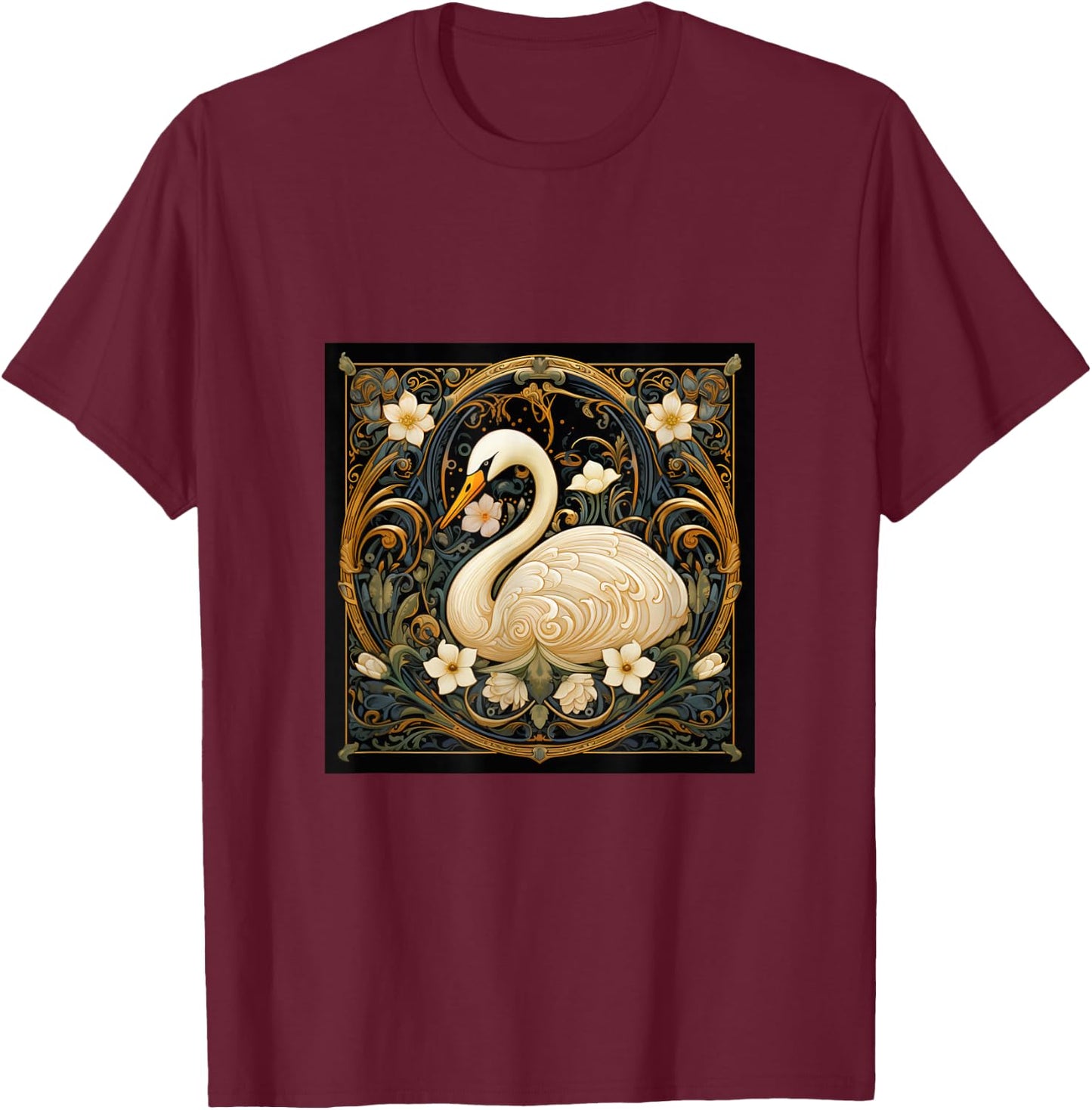 Swan Art Nouveau Abstract T-Shirt - T-Shirt | Maroon