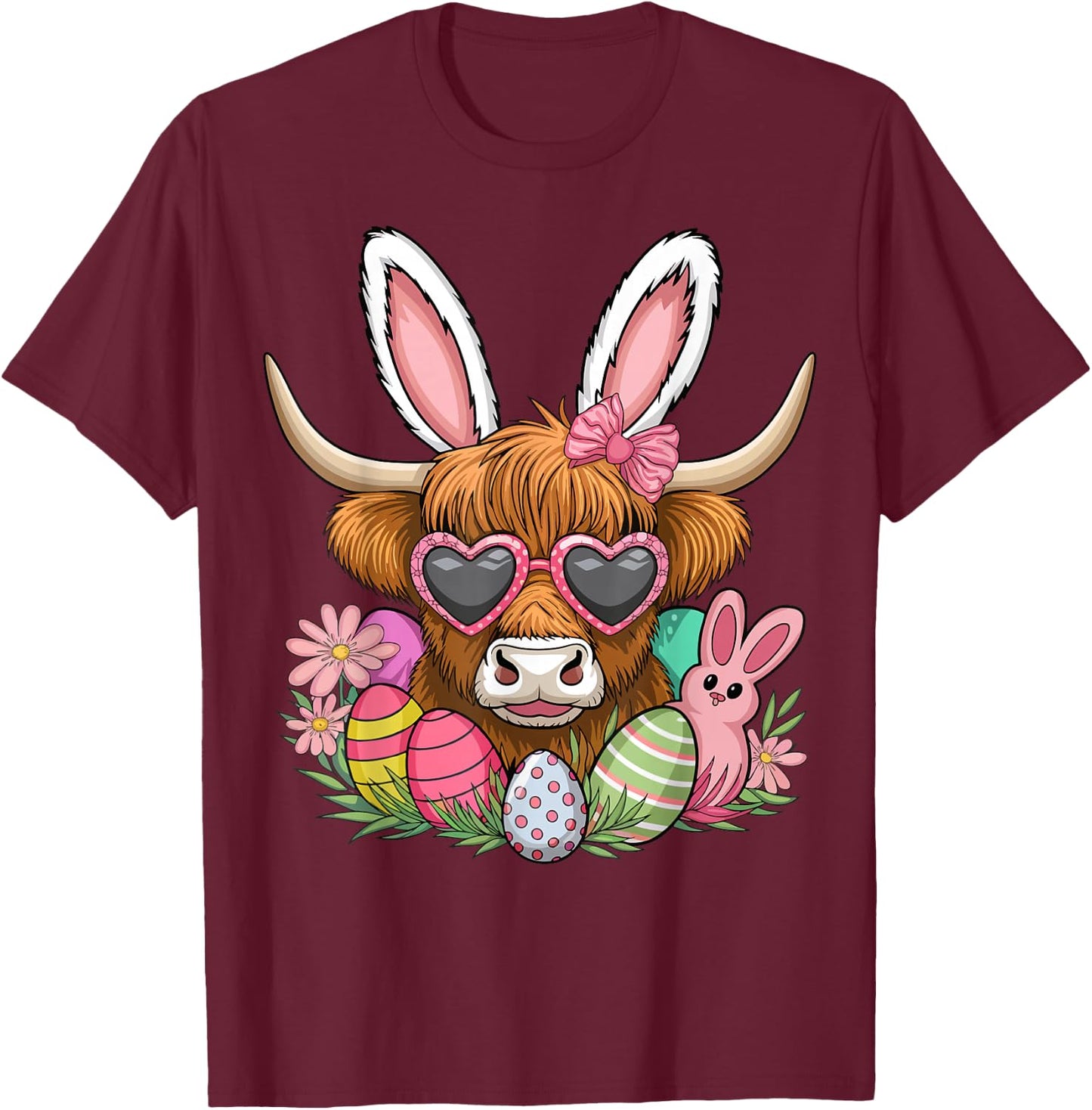 Easter Bunny Highland Cow Farmer Women Girls Easter Day T-Shirt - T-Shirt | Maroon