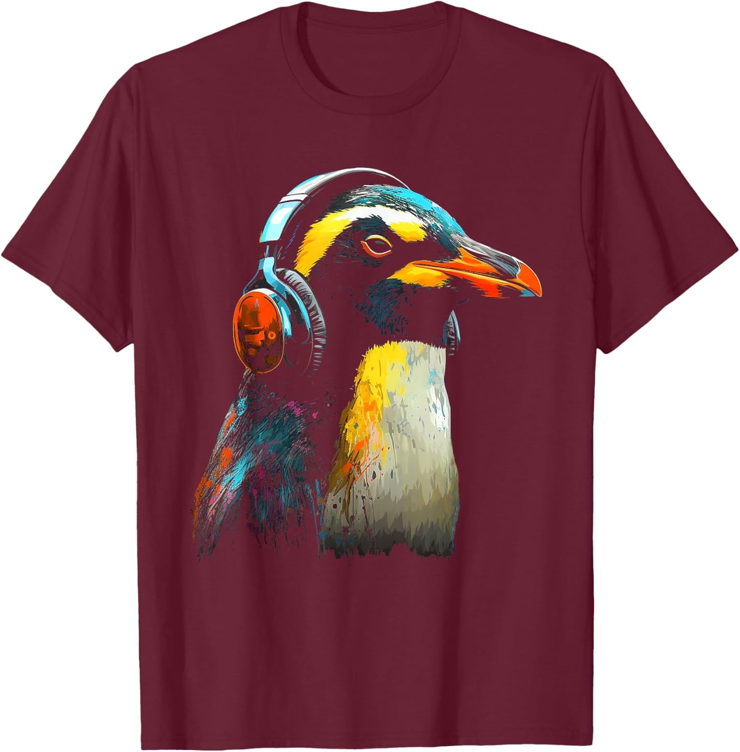 Penguin Headphones Artwork | Music Animal Motif Penguin T-Shirt - T-Shirt | Maroon