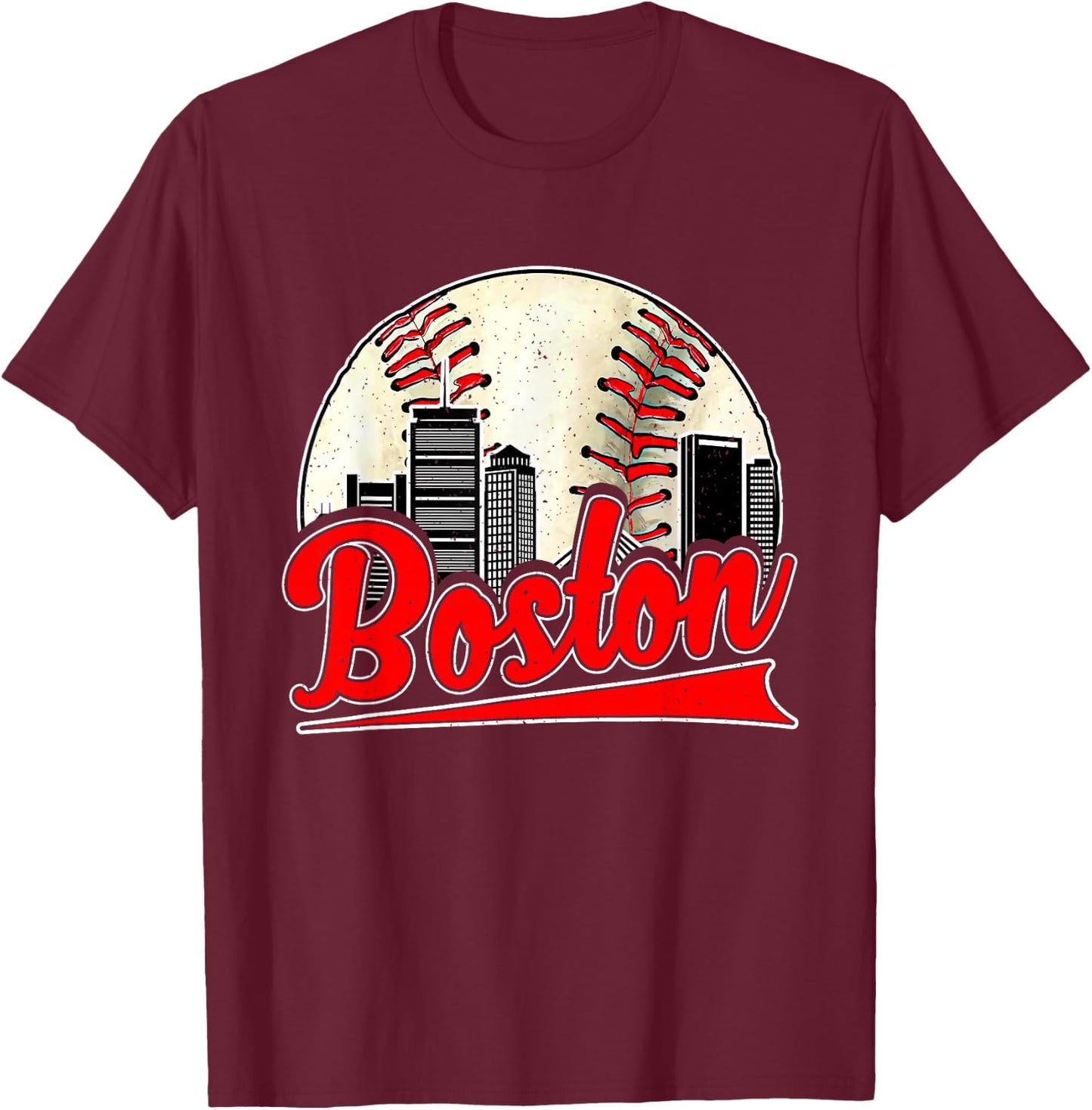 Boston Cityscape Vintage Baseball Lover Women Men T-Shirt - T-Shirt | Maroon