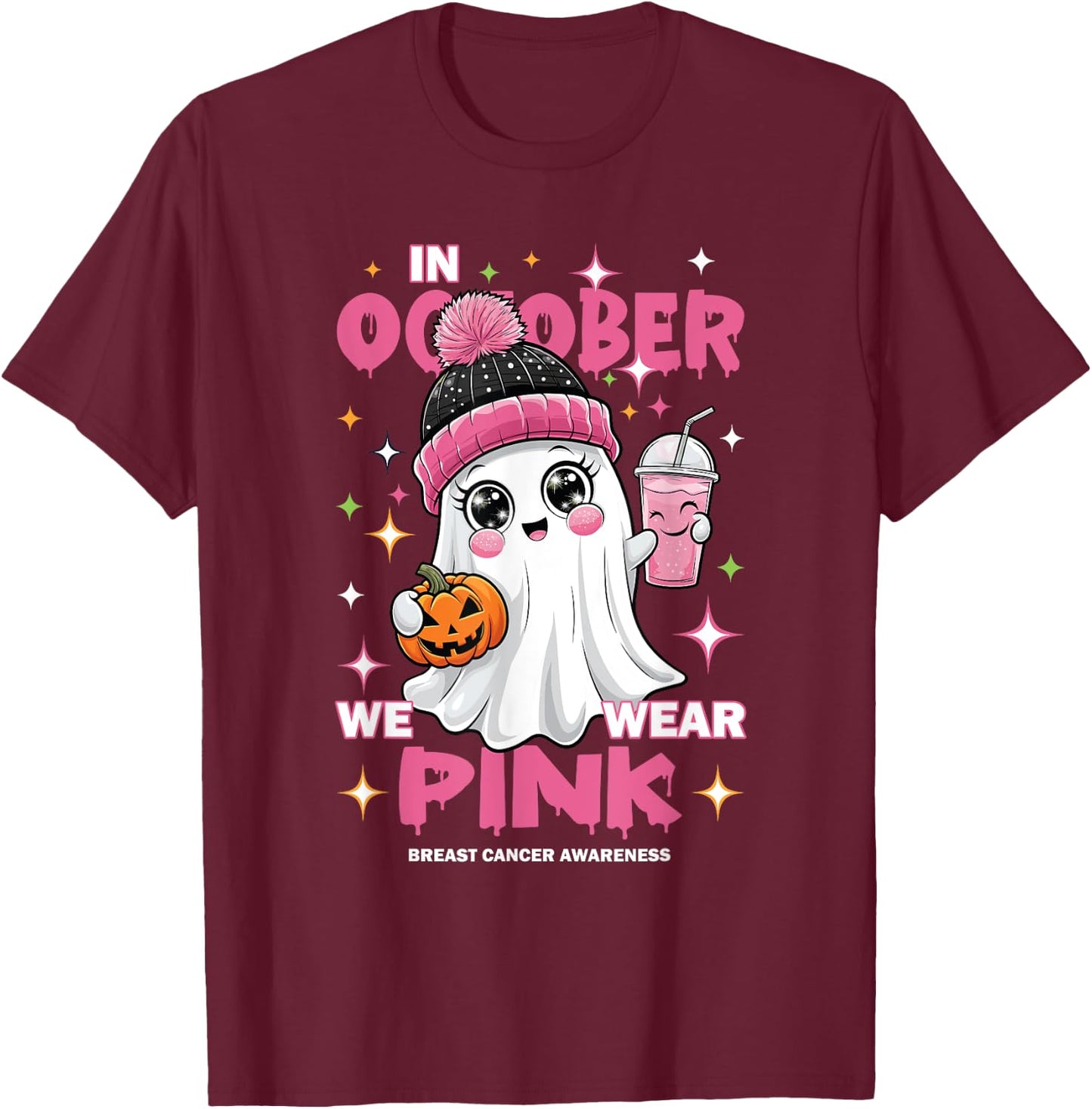 Pink October Halloween Ghost Breast Cancer Awareness T-Shirt - T-Shirt | Maroon