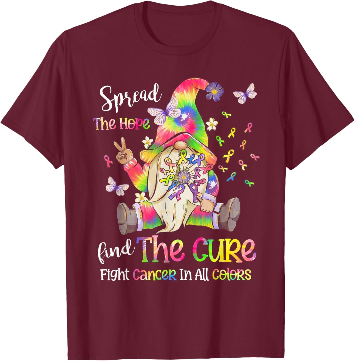 Fight Cancer In All Color Gnome Fight Cancer Ribbons T-Shirt - T-Shirt | Maroon
