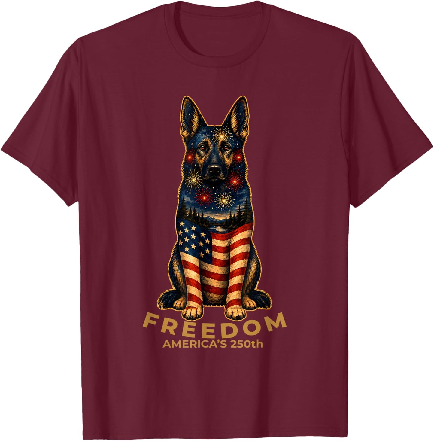 Freedom America's 250th German Shepherd Dog Patriotic T-Shirt - T-Shirt | Maroon