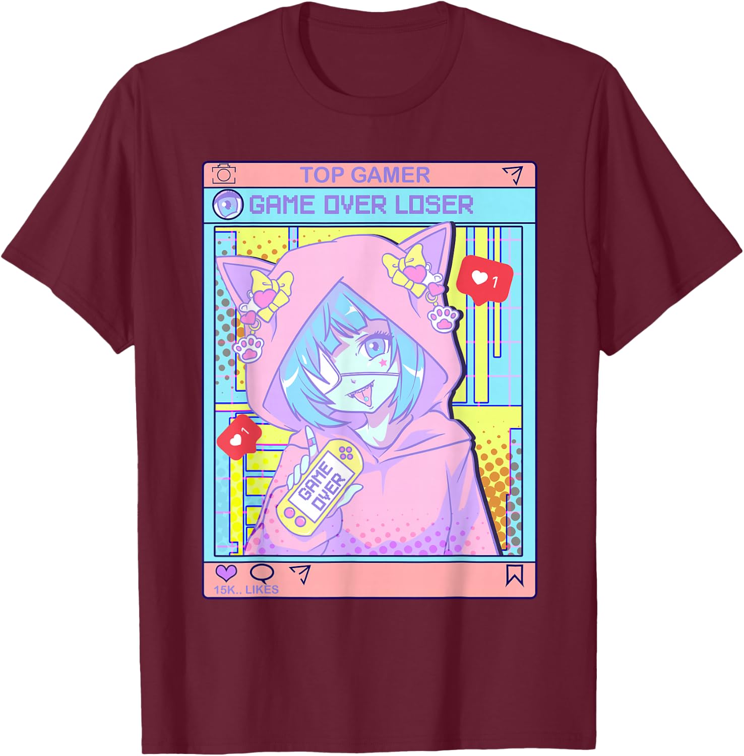 Kawaii Pastel Goth Girl Anime Gamer Game Over Loser T-Shirt - T-Shirt | Maroon